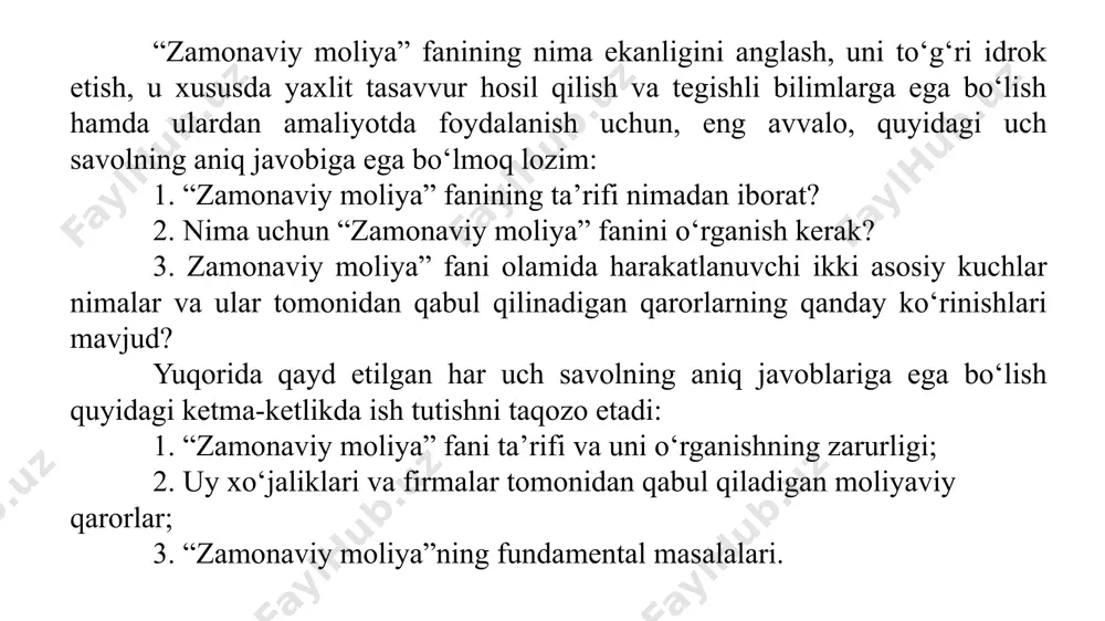 anda, yoki jahon banki o‘zbekistonda gidro yoki issiqlik elektrostansiya qurilishini moliyalashtirish masalasini hal etayotganda qo‘llaniladi. demak, 1.1-rasmdan ko‘rinib turibdiki, xususan, “zamonaviy moliya” o‘z pul mablag‘laridan samarali foydalanish; biznes dunyosida muvaffaqiyatli faoliyat yuritish; qiziqarli va daromadli karera qilish; mamlakat iqtisodiy siyosatiga ta’sir qiladigan ongli fuqarolik qarorlari qabul qilish imkoniyatiga ega bo‘lish; dunyoqarashni kengaytirish uchun o‘rganiladi. “zamonaviy moliya”ni o‘rganishning sababi shundan iboratki, moliya sohasida asosiy bilimga ega bo‘lish har qanday faoliyat sohasi uchun ham zarur. hatto moliya sohasini o‘z ixtisosi sifatida tanlamagan kishi uchun ham moliyachilar foydalanadigan konsepsiya, usul va terminologiyani bilish zarur. masalan, o‘zingiz to‘laydigan daromad solig‘i yoki mol-mulk solig‘i xususida, hech bo‘lmaganda, eng oddiy tasavvurlarga ega bo‘lmasangiz, u holda soliqchi yoki soliq organi tomonidan aytilgan har qanday shartga ko’nishdan o‘zga chorangiz qolmaydi. olayotgan oyligingizga nisbatan ham xuddi shunday fikrni bildirish mumkin va h.k. shuning uchun hech bo‘lmaganda , “zamonaviy moliya”ning eng elementar bilimlarini egallash shu mutaxassislar bilan bemalol muloqot qilish …