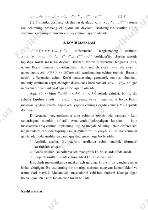 inlashuvchi yoki o`zoqlashuvchi bo`lishi mumkin. quyidagi teoremani isbotsiz keltiramiz: teorema. agar (x0; y0) nuqta atrofida f(x,y) funktsiyaning uzluksiz va chegaralangan xususiy hosilasi mavjud bo`lsa, u holda {yi(x)} ketma – ketlik tenglamaning echimi bo`lgan va y(x0)=y0 shartni qanoatlantiruvchi y(x) funktsiyaga yaqinlashadi. demak, differentsial tenglamalarni echishda ushbu teoremaning shartlari bajarilsa (ya`ni (13.13) yaqinlashuvchi bo`lsa), pikar usulini qo`llash mumkin. agar (13.13) o`zoqlashuvchi bo`lsa, bu usulning ma`nosi bo`lmaydi. misol. ketma – ket yaqinlashish usuli bilan (pikar usuli) differentsial tenglamaning x=0 da y=1 shartni qanoatlantiruvchi xususiy echimi topilsin. echish. bundan x=0 da y=1 ekanligini hisobga olsak, (13.10) ga asosan, (13.11) ga asosan, y3 va y4 ni hisoblaymiz: berilgan tenglamaning aniq echimi: bundan ko`rinadigan taqribiy echimlar y3 va y4 aniq echimdan faqat oxirgi hadlari bilan farq qiladilar. foydalanilgan adabiyotlar ro`yxati 1. isroilov m. «hisoblash metodlari», t., "o`zbekiston", 2003 2. shoxamidov sh.sh. «amaliy matematika unsurlari», t., "o`zbekiston", 1997 3. boyzoqov a., qayumov sh. «hisoblash matematikasi asoslari», o`quv …