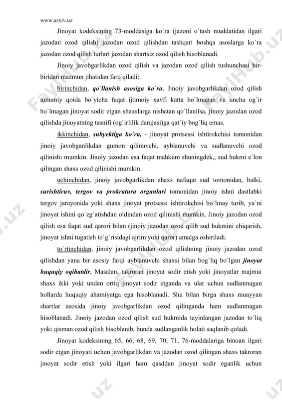 nosabati bilan jazodan ozod qilish (75-modda); 8) amnistiya akti asosida jazodan ozod qilish (76-modda). bundan tashqari jinoiy jazodan ozod qilishning yana bir alohida turi mavjud bo`lib, jinoyat kodeksi maxsus qismida jinoiy jazodan ozod qilish asosi ko`rsatilgan bo`lsa, shaxsni jinoiy jazodan ozod qilish mumkiin bo`ladi. jazoni ijro etish muddati o`tib ketganligi munosabati bilan jazodan ozod qilish. jinoyat huquqida muddatning o`tishi deganda, jinoyat qonuniga asosan sodir etilgan jinoyat uchun sud tomonidan belgilangan muddatning hukm qonuniy kuchga kirgan kundan boshlab o`tishi tushuniladi. muddatning o`tishi muayyan vaqtning o`tishida ifodalanadi. jinoiy javobgarlikdan ozod qilish uchun jinoyat sodir etish vaqti muayyan ahamiyatga ega bo`lsa, jinoiy jazodan ozod qilishda muddat o`tishining boshlanishida esa sud hukmining qonuniy kuchga kirishi ahamiyatli hisoblanadi. sud hukmi apppelyatsiya shikoyati va protesti keltirish muddati o`tgandan so`ng qonuniy kuchga kiradi. agar appelyatsiya shikoyati ko`rib chiqilib, hukm bekor qilingan bo`lsa, muddat ish yuqori sud tomonidan ko`rilgan kundan boshlab hisoblanadi. ishni apellatsiya tartibida yuritish uchun shikoyat …