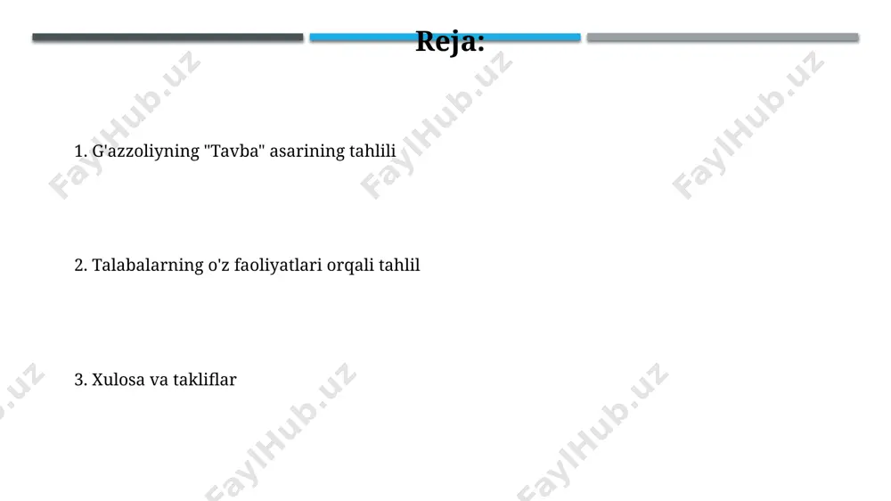 ik ishlari yaratildi va ularning 80% i g‘azzoliyning “tavba” asaridagi asosiy g‘oyalarini chuqur anglab yetganliklarini ko‘rsatdi. asar til va uslubiy xususiyatlarining tahlili ғазолийнинг "тавба" асаридаги 3 та асосий услубий хусусият: ривоятлардан фойдаланиш (тахминан 20 та), мантиқий хулосалар ва дидактик услубнинг устунлиги кузатилади. "тавба" асаридаги образли тил, бадиий воситалар (метафора, ташбеҳ)нинг 5 тадан ортиқ мисолини аниқлаш ва уларнинг маъновий юкини таҳлил қилиш мумкин. "tavba" asaridagi diniy va falsafiy qarashlar “tavba” asarida allohning 99 ta ismidan (sifatlaridan) 30 dan ortig'i tavba va mag'firat kontekstida tahlil qilingan, bu esa insoniy kamchiliklarni kechiruvchi ilohiy mehr-shafqatning keng ko'lamli tasvirini beradi. g'azzoliy “tavba”da dunyoviy va oxirat hayotiga oid 5 ta asosiy maqsad va ularga erishish yo'llarini tavba orqali bog'lab ko'rsatadi, bu esa amaliy falsafiy yondashuvni namoyon etadi. g'azzoliyning "tavba" asari haqida umumiy ma'lumot asar, musulmonlarning ruhiy poklanishi va allohga yaqinlashish yo'llarini ko'rsatishga qaratilgan bo'lib, taqvodorlik, ibodat va iymon kabi islomning asosiy tamoyillarini chuqur tahlil qiladi. kitobning …