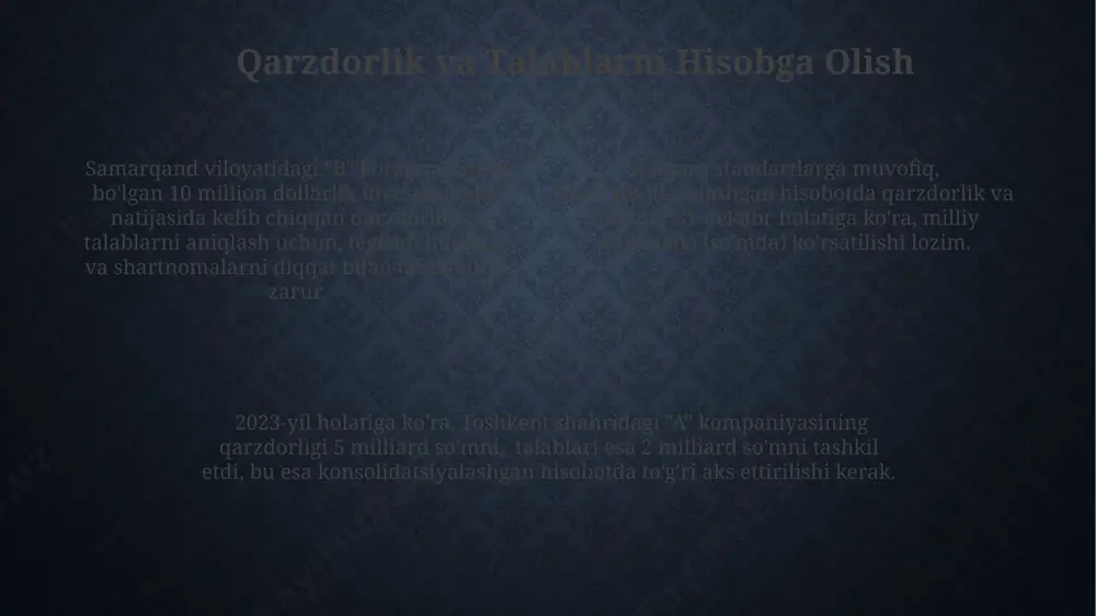 arni jalb qilishga ijobiy ta'sir ko'rsatdi. konsolidatsiya usullari qo‘shma korxonalarni konsolidatsiya qilishda, agar shartnomaviy kelishuvlar bo‘lsa, masalan, samarqanddagi 30%lik ulushli qo‘shma korxonaning moliyaviy ko‘rsatkichlari pro-rata usulida konsolidatsiya qilinadi. konsolidatsiya qilishning proporsional usulida, masalan, 70% ulushga ega bo‘lgan qiziqarli korxonaning 2023 yilgi sof foydasi toshkent shahrida joylashgan bosh kompaniyaga 70% nisbatda taqsimlanadi. konsolidatsiyalangan hisobotlarni tuzishda, xalqaro standartlarga (ifrs 10) muvofiq, 50% dan ortiq ulushga ega bo‘lgan qiziqarli korxonalar majburiy ravishda konsolidatsiya qilinadi. moliyaviy ko'rsatkichlarning tahlili samarqand viloyati korxonalarining rentabellik ko'rsatkichlarini tahlil qilish natijalariga ko'ra, 2023 yilning birinchi choragida sof foyda o'rtacha 15% ga o'sganligi kuzatildi. 2022-yil yakunlari bo'yicha toshkent shahridagi yirik korxonalarning moliyaviy ko'rsatkichlarini tahlil qilishda aktivlarning 30% dan ortig'i uzoq muddatli investitsiyalarga yo'naltirilganligi aniqlandi. moliyaviy tahlil natijalariga ko'ra, 5 ta yirik kompaniyaning 2024 yilgi byudjeti 10 milliard so'mdan ortiq bo'lib, bu o'tgan yilga nisbatan 25% ga ko'pdir. xatoliklar va tutishlarni aniqlash buxgalteriya hisobi va auditi bo'yicha xalqaro standartlarga (ifrs) muvofiq, …