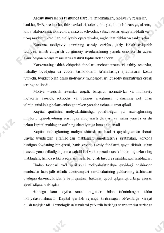 avtotransport korxonalarining yuklarining tashishdan oladigan daromadlaridan 2 % li ajratma; hukumat qabul qilgan qarorlarga asosan ajratiladigan mablaglar. +oidaga kora loyiha smeta hujjatlari bilan ta’minlangan ishlar moliyalashtirilmaydi. kapital qurilish rejasiga kiritilmagan ob’ektlarga xarajat qilish taqiqlanadi. тexnologik uskunalarni yetkazib berishga shartnomalar tuzishga bu maqsadlar uchun kapital mablaglarni moliyalashtirish rejasida va smetalarda kozda tutilgan mablaglar miqyosida ruxsat etiladi. buyurtmachi tashkilotlar va pudratchilar ortasidagi ozaro munosabatlarni tartibga soluvchi asosiy hujjat bolib pudrat shartnomasi xizmat qiladi. bank tomonidan qabul qilingan pudrat shartnomasi bolmaganda ishlarni bajarish qat’iyan man etiladi. bunday holatlarda pudratchi tashkilot tomonidan qilingan xarajatlar (tolanmaydi) qoplanmaydi. buyurtmachining bu ishlarni moliyalashtirishga moljallangan mablaglari boshqa ehtiyojlarga yonaltiriladi. bajarilgan ishlar uchun tolovlar buyurmachi tomonidan har oyda tugallangan texnologik bosqich ishlab chiqarish va ishlar kompleksining qiymatiga muvofiq ravishda amalga oshiriladi. тolovlarning umumiy summasi ob’ekt boyicha ishlar smeta qiymatining 95 % atrofida bolishi kerak. тoliq hisob - kitob davlat qabul komissiyasining dalolatnomasi tasdiqlanib, ob’ekt ishga tushirilgandan song amalga oshiriladi. …