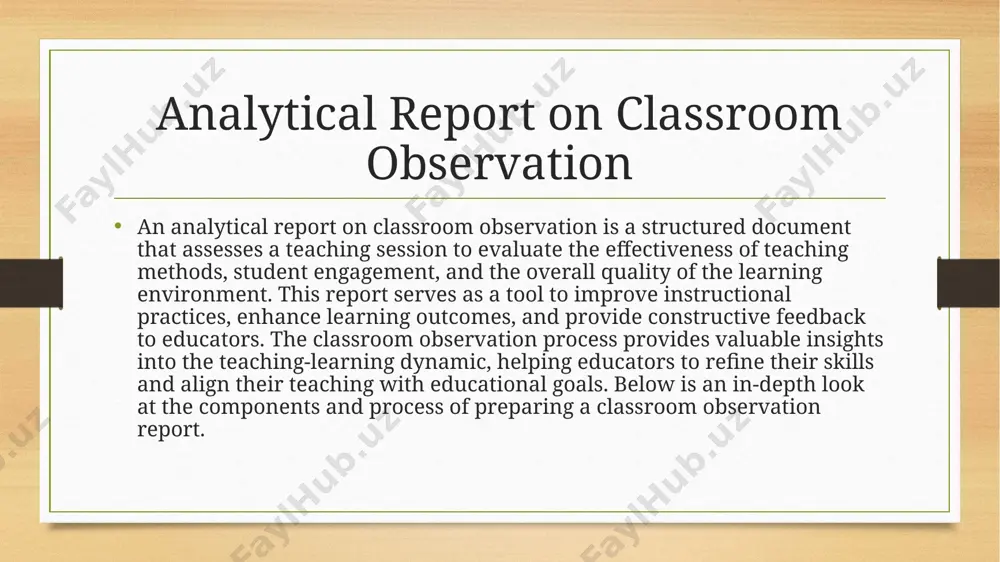 report typically includes the following sections: general goals and lesson plan: this section outlines the main objectives of the lesson, what content was planned to be covered, and the expected outcomes for students. this context sets the stage for evaluating how well the teaching aligns with these goals. teaching methods and instructional tools: here, the observer reviews the methods and tools used by the teacher, such as lecture, group activities, multimedia resources, or hands-on materials. the effectiveness and suitability of these methods are assessed based on their impact on student engagement and comprehension. student engagement: this part observes student participation, attentiveness, and interaction during the class. it notes how engaged students are, their response to the lesson, and any active involvement, such as asking questions or contributing to discussions. key components of a classroom observation report lesson structure and flow: the report assesses the organization of the lesson, including its …