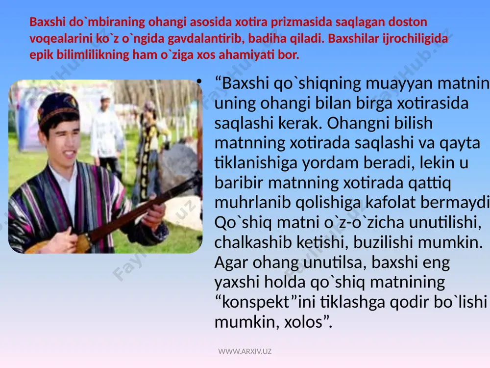 at takrorlanadi. bunday holat, birinchidan, qodir baxshining savodxonligi, she’r nazariyasini puxta o`zlashtirganligi bilan bog`liq. ikkinchidan, fozil shoir variantida epik tasvir keng bo`lsa, qodir baxshida lirik kayfiyat ustunroq. epik an’ananing ustozdan shogirdga og`zaki asosda yetib kelgan variantlariga e’tibor bersak, unda qadimiy dostonchilik san’atiga xos xususiyatlarning doston matnlarida saqlanganligiga duch kelamiz. www.arxiv.uz shuningdek, barqaror an’anaviy misralarning dostonlar matnida qo`llanishi, voqealar jarayonini ifodalashi, tasvirlanishiga ko`ra, epik an’ana asosida shakllanib kelgan bo`lsa-da, individual ijro jarayonida baxshilar talanti, badihago`yligiga qarab unga turlicha yondashadilar. masalan, ijro jarayonida baxshi barqaror misralardan nazmiy bayon tasvirida voqealar mohiyatiga qarab foydalansa-da, bu satrlarning bandlar tarkibida takror-takror qo`llanaverishi misradagi mazmun mohiyatiga ham salbiy ta’sir ko`rsatishi mumkin. buni biz chori baxshi umirovdan yozib olingan «malla savdogar» dostoni misolida ko`rishimiz mumkin: baland tovlarning qorini, baland tovlar bo`ktar qorma, baland tovda bo`ktarilgan oppoq qor, baland tovlarda qorlarim, baland tovda bo`ktarilgan bastini, baland tovlarda oppoq qor, baland tovlar bo`ktarilgan qoringdi, baland tovlar boshi qalin qormikan, …