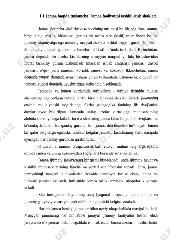 tuzilishini bir-biridan farlash lozim. jamoaning rasmiy tuzilishi deganda jamoa faoliyatining turli ko‘rinishlarini amalga oshirish uchun zarur bo‘ladigan tashkiliy jihatlari ko‘zda tutiladi. mazkur jihat bir tomondan jamoa a'zolari o‘rtasida yuzaga kelgan ishchanlik munosabati mazmunini ifoda etsa, ikkinchi tomondan, rahbarlik jamoa ijtimoiy ahamiyatga ega yagona maqsadning mavjudligi birgalikda gi umumiy faoliyatnin g tashkil etilishi majburiy, mas'uliyatli munosabatnin g yo’lga qo’yilishi saylang an umumiy rahbariy organga egalik vazifasini bajaruvchi shaxslar tomonidan jamoa a'zolarining xatti-harakatlari va intilishlarini muvofiqlashtirish yo‘lida tashkil etilayotgan boshqaruv faoliyati mohiyatini yoritishga xizmat qiladi. jamoaning o’ziga xos xususiyatlari norasmiy tuzilma jamoaning barcha a'zolari o‘rtasidagi shaxslararo ma'naviy-psixologik munosabatlarning umumiy tizimi va mikroguruhni tashkil qiluvchi ayrim a'zolar o‘tasidagi tanlash munosabatlari mazmunini ifodalaydi. jamoaning har bir a'zosi mavjud munosabatlar tizimida u yoki bu o‘rinni egallaydi. o‘quvchining jamoadagi o‘rni uning shaxs sifatida shakllanishi va kamolotga erishishiga muhim ta'sir ko‘rsatadi. kasb-hunar kollej yoki sinfdagi rasmiy va norasmiy tuzilmalar bir-biriga muvofiq bo‘lganda, jamoaning rasmiy etakchilari norasmiy munosabatlar …