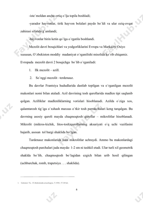 ilik va terimchilik ho`jalik mashg`ulotlari bilan shug`ullanganlar.2. al`baum l.i. «balaliktepa». tashkent, 1960 3. gerasimov m. «lyudi kamennogo veka». m.,1964 mezolit davri yodgorliklaridan biri mochay g`or makonidir. bu yodgorlik xisor tog` tizmasining ketmonchopti tog`ining janubiy yonbag`rida, mochay daryosining o`ng sohilidagi quyi va o`rta mochay qishloqlari orasida joylashgan. gorning kengligi 20m, chuqurligi 11m, balandligi 3,5m ni tashkil etadi. mochay g`oridan bigiz, igna,... suyak va tosh qurollar topilgan (15 nusxadagi qurol turlari aniqlangan). gordan 870 ta tosh qurol – parrak, nukleuslar, tosh pichoqlar, yo`ng`ichlar–randalar, nayza, o`q uchlari topib o`rganilgan. mochay g`ori madaniy qatlamlaridan topilgan qurollar miloddan avvalgi vii-vi ming yilliklarga mansub. gorni qazish davomida antrapologik materiallar-odam bosh suyagi, tishi, jag`i, boshqa a`zolari qoldiqlari topilgan. antrapologlarning ma`lumotlariga qaraganda topilgan suyaklarning biri voyaga etgan erkak, ikkinchisi ayol va uchinchisi yosh bolaniki bo`lib, ular evropoid irqiga mansub bo`lgan. madaniy qatlamlardan qalin kul qatlamlari topilgan. kuygan suyaklardan va olov qoldiqlaridan odamlar go`shtni pishirib eganlar, degan xulosaga kelish …
