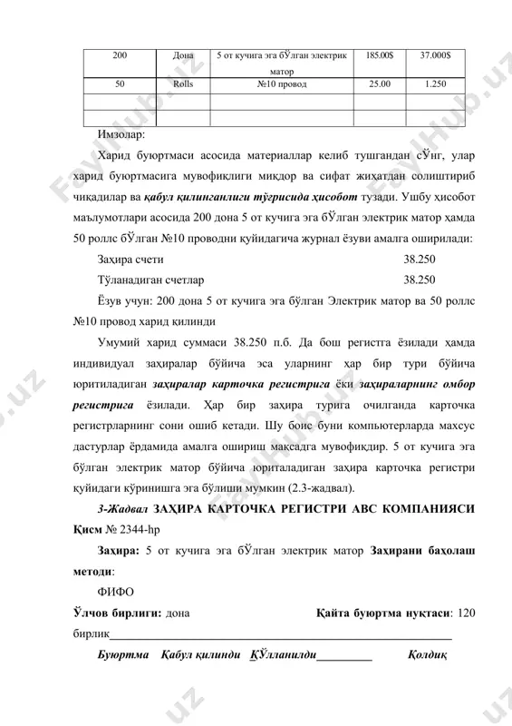 и оқламайдиган бўлмаслиги учун заҳиралар самарали бошқарилиши муҳим роль ўйнайди. корхоналар заҳираларга қилинаётган сармояларнинг оптимал даражасини белгилашлари учун заҳираларнинг таннархини аниқлашлари лозим. заҳиралар таннархи қуйидаги категориялардан таркиб топади: буюртма қилиш таннархи; сақлаш таннархи ва заҳираларни чиқариш таннархи буюртма қилиш таннархи: янги нархлар квотасини талаб қилиш таннархи; харид учун буюртмаларни тайёрлаш ва тасдиқлаш таннархи юкларни қабул қилиб олиш ва буюртма ордерлари билан текшириб чиқиш харажатлари: заҳираларни сақлаш қиймати: тмзларга инвестициялар фонди бўйича харажатлар; суғурта бўйича қўшимча харажатлар; омборда заҳираларни сақлаш учун иситиш, ҳаволантириш, ёритиш, бошқа электр-энергия ҳамда омбор воситаларининг амортизация харажатлар; материалларни қайта ишлаш бўйича қўшимча харажатлар; заҳиралар билан боғлиқ солиқлар; заҳираларнинг моддий ва маънавий эскириши, сифатининг бузулиши ва ёмонлашиши ва ўғирланиши билан боғлиқ йўқолишлари. заҳираларнинг етишмаслиги билан боғлиқ харажатлари: сотиш йўқлиги натижасида йўқотишлар; яроқсиз маҳсулотлар билан боғлиқ харажатлар; қимматроқ материалларни ўрнига қўйиш билан боғлиқ харажатлар; маҳсулотларни кечикиб комплектлаганлиги ҳамда жўнатганлиги учун жарима харажатлари. заҳиралар таннархининг ошиб кетмаслигига йўл қўймаслик учун …