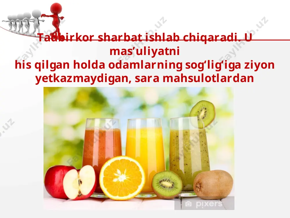 , millatlararo totuvlik va diniy bag‘rikenglikni ta’minlash, chuqur o‘ylangan, o‘zaro manfaatli va amaliy ruhdagi tashqi siyosat yuritish kabi masalalarni qamrab olgan. davlat va jamiyat qurilishini takomillashtirish; qonun ustuvorligini ta’minlash va sud-huquq tizimini yanada isloh qilish; iqtisodiyotni yanada rivojlantirish va liberallashtirish; ijtimoiy sohani rivojlantirish; 1. 2. 3. 4. 5. savol va topshiriqlar: 1. nima deb o‘ylaysiz? harakatlar strategiyasini o‘z vaqtida va samarali amalga oshirish uchun mamlakatimiz fuqarolarining shaxsiy daxldorligi qanday bo‘lishi kerak? 2. mamlakatimizni yanada rivojlantirishda nima uchun fuqarolar mas’uliyatiga tayaniladi? 3. oila, mahalla, davlat va jamiyat o‘rtasidagi daxldorlik mas’uliyati ro‘yxatini tuzing. 4. o‘zbekiston respublikasining konstitutsiyasida fuqarolarining burchlarini belgilab qo‘yilishidan qanday maqsadlar nazarda tutilgan, deb o‘ylaysiz? 5. fuqarolarda daxldorlik tuyg‘usi shakllanmagan taqdirda jamiyatning taraqqiyotida qanday oqibatlar vujudga kelishi mumkin? 6. qadriyatlar va daxldorlik tushunchalarining qanday bog‘liqligi bor? image2.jpeg image3.jpg image4.jpeg image5.jpeg image6.jpeg image7.jpeg image8.png image9.jpeg image10.jpeg image11.jpeg image12.jpeg image13.jpeg image14.gif image15.jpeg image16.jpeg image1.jpeg