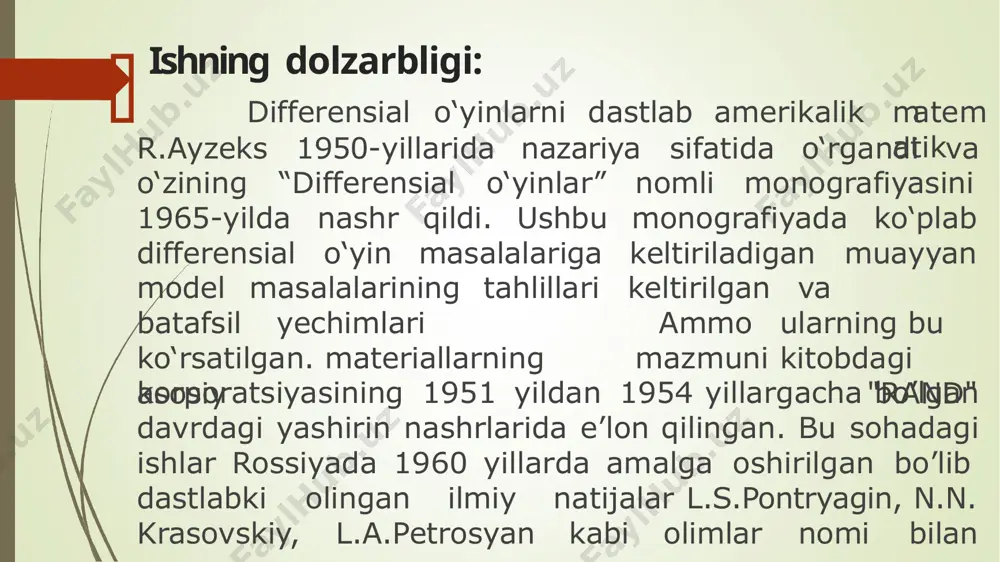 ama y' ni x va y ning funksiyasi sifatida aniqlaydi. bu holda (1) tenglama ushbu dx dy  f  x, y  (2) differensial tenglamaga teng kuchli bo‘ladi. bu tenglama, odatda, hosilaga nisbatan yechilgan deyiladi. endi (2) da f x, y funksiya г sohada berilgan deb qaraymiz.  ta’rif 1. (2) tenglama berilgan bo‘lib, unda f x, y funksiya r2 tekislikning г sohasida aniqlangan bo‘lsin. agar i (ochiq, yopiq yoki yarim ochiq) intervalda aniqlangan y  x funksiya uchun quyidagi uch shart 10.  x,  x г , г  r2, x  i , 20.   x c1  i , 0 3 . d  k  f x,      x , x  i x dx bajarilsa, u holda bu funksiya i intervalda (2) differensial tenglamaning yechimi deyiladi. (2) differensial tenglamaning har bir y  x yechimiga mos kelgan egri …