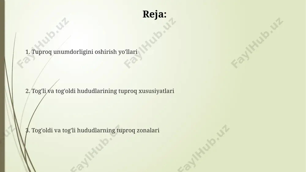 abli, tuproq qoplamining gorizontal zonalligi 5-10 km oralig‘ida sezilarli darajada o‘zgaradi. uzbekistanning tog‘ va tog‘ etaklaridagi tuproqlar, balandlik zonalariga qarab, 1500-4000 metr balandlik oralig‘ida tarqalgan bo‘lib, janubiy va sharqiy hududlarda kengroq maydonlarni egallaydi. tog‘li hududlarda qo‘ng‘ir tog‘-o‘tloqi tuproqlari 2000-3000 metr balandliklarda, jinslarning kimyoviy tarkibiga bog‘liq holda turli xil variantlarda uchraydi. tog' va tog' etaklari tuproqlarining eroziyasi va degradatsiyasi tog' etaklaridagi intensiv degratatsiya jarayonlari tufayli, 70% gacha hududda o'simlik qoplami yo'qolishi kuzatiladi va bu esa tuproqning shamol eroziyasi xavfini oshiradi. suv eroziyasi, ayniqsa, yomg'ir yog'ishi intensiv bo'lgan davrlarda, 50% gacha tuproq qatlam qalinligini yo'qotishiga olib kelishi mumkin. tog'li va tog' etaklari hududlarida yillik eroziya darajasi 10-20 tonna/gektarni tashkil etib, tuproq unumdorligining 30% gacha pasayishiga olib keladi. e'tiboringiz uchun rahmat @taqdimot_robot