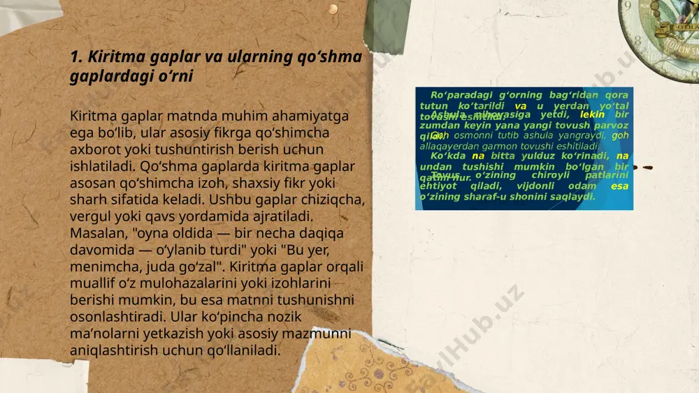 ar asosiy matnga qo'shimcha ma'lumot, izoh yoki kontekst keltiradi. kiritma gaplar yordamida muallif o'z fikrini yanada aniqroq ifodalashi yoki o'quvchiga qiziqarli ma'lumot berishi mumkin. masalan, tarixiy voqealarning tafsilotlari yoki ilmiy izohlarni kiritish orqali matn tushunarliroq va so'nggi nuqtaga asoslangan bo'ladi. bu usul nazariy bilimlarni amaliyot bilan boyitishga va o'quvchilarga mavzuni yaxshiroq tushunishga yordam beradi. ... t.me/slaydai_bot 7. kiritma gaplar va asosiy gaplar oʻrtasidagi bogʻlanish kiritma gaplar va asosiy gaplar o'rtasidagi bog'lanish matnning tuzilishini yaxshilashda muhim ahamiyatga ega. kiritma gaplar asosiy fikrni rivojlantiradi, tushuntiradi yoki tahlil qiladi. bu gaplar orqali yozuvchining yoki so'zlovchining nuqtai nazarini kengroq tasavvur qilish mumkin bo'ladi. asosiy gap esa matnning bosh mavzusi yoki uning asosini tashkil etadi. boshlang'ich chekkasi aniq bo'lmagan ushbu bog'lanishni to'g'ri tashkil etish matnning mantiqiy izchilligini ta'minlaydi. ko'pincha, kiritma gaplar izoh sifatida qo'shiladi va ular asosiy gapning ma'no yukini to'ldiradi. gaplarning mazmuniy yaxlitligi va bir-biriga uzviy bog'lanishi matnning samaradorligini oshiradi. ... t.me/slaydai_bot kiritma gaplar …