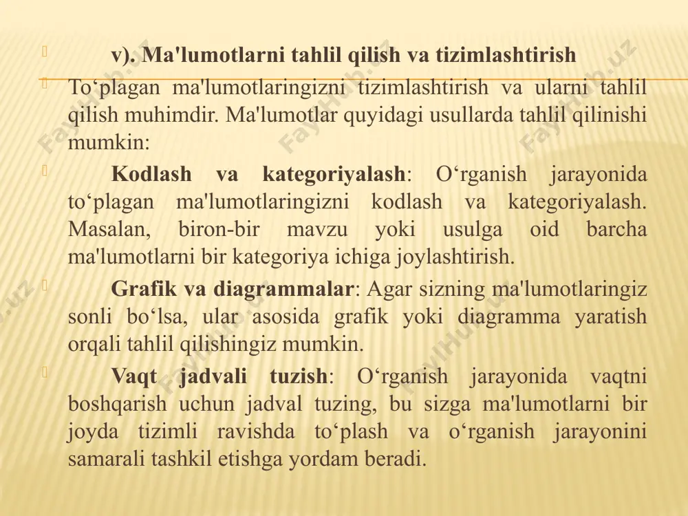sh shaxsiy akademik faoliyatda erishilgan natijalarni ilmiy jurnallar, konferensiyalar yoki seminarlar orqali baholash va nashr qilish muhimdir. bu ilmiy faoliyatning ommalashuvi, kengayishi va tan olinishi uchun zarur. o‘z tadqiqotlaringizni nashr etish, dunyo ilm-faniga hissa qo‘shishning bir usulidir. 6. shaxsiy rivojlanish va kasbiy o‘sish shaxsiy akademik faoliyatda erishilgan yutuqlar sizning intellektual va kasbiy rivojlanishingizga olib keladi. bu sohada muvaffaqiyatga erishish nafaqat ilmiy, balki shaxsiy o‘sishga, yangi imkoniyatlar yaratishga yordam beradi. akademik faoliyat orqali dunyoqarashingiz kengayadi va siz o‘z sohangizda mutaxassis sifatida shakllanasiz. shaxsiy akademik faoliyatni muvaffaqiyatli tashkil qilish uchun qat'iyatlilik, izlanishlarga bo‘lgan muhabbat, vaqtni samarali boshqarish va ilmiy metodlarga hurmat bilan yondashish kerak. shaxsy akademik faoliyatni samarali tashkil etish vositalari shaxsiy akademik faoliyatni samarali tashkil etish uchun bir nechta vositalar va yondashuvlar mavjud. bu vositalar nafaqat ilmiy tadqiqotlarni muvaffaqiyatli amalga oshirishga yordam beradi, balki o‘rganish va izlanish jarayonini yanada samarali va tizimli qiladi. quyida shaxsiy akademik faoliyatni samarali tashkil etish uchun …