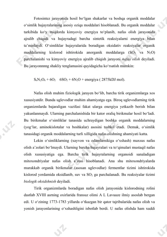 ning 1773-1783 yillarda о‘tkazgan bir qator tajribalarida nafas olish va yonish jarayonlarining о‘xshashligini isbotlab berdi. u nafas olishda ham xuddi yonishdagidek atmosferadan kislorod yutiladi va atmosferaga karbonat angidrid ajralib chikadi, deb takidladi. a l lavuaze о‘z kuzatishlariga asoslanib, nafas olish bu kislorod yordamida organik moddalarning juda xam sekinlik bilan yonishidir, degan xulosaga keldi. taxminan shu vaqtlarda (1777) sheyele urug‘lar bilan о‘tkazgan tajribalari asosida unayotgan urug‘ solingan yopiq idishda kislorodning miqdori kamayib, so2 ning miqdori kо‘payganini aniqladi. 1778-1780 yillarda y.ingenxauz yashil о‘simliklar qorong‘ida kislorodni yutib, karbonat angidrid chiqaradi va bu jixatdan hayvonlarga о‘xshaydi, usimliklarning yashil bо‘lmagan qismlari esa yorug‘likda ham kislorod yutishi mumkin degan xulosaga keldi. о‘simliklarning nafas olishini n.t.sossyur asoslab berdi. u 1797-1804 yillarda birinchi marta mikdoriy taxlillar о‘tkazdi va qorong‘ida о‘simliklar kancha o2 yutsa, shuncha so2 ajratib chiqishini isbotladi. ya’ni yutilgan kislorod bilan ajralib chiqqan karbonat angidridning nisbati birga teng deb kо‘rsatdi. bundan tashqari karbonat angidrid bilan bir qatorda …
