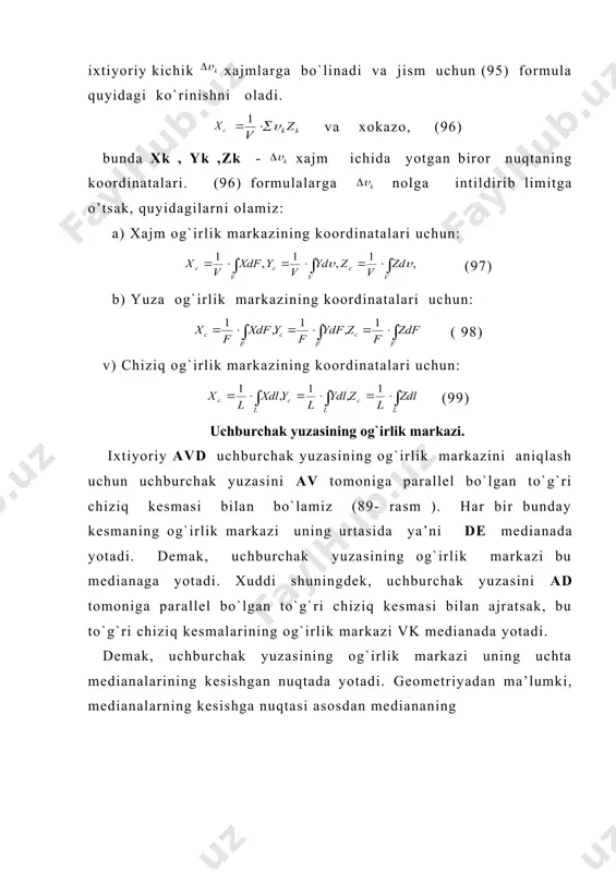 ga teng bo`lgan elementar bo`lakcha ajratib olamiz. uning holati burchakgi bilan aniqlanadi. elementar burchakga og`irlik markazining koordinatasi ga teng (99) formulalarning birinchisiga x va de larning qiymatlarini qo`yib va butun yoyining uzunligi bo`yicha integrallaymiz: bunda l –av yoyining uzunligi ga teng. demak , aylana yoyining og`irlik markazi simmetriya o`qida, yotadi va aylana markazidan (101) 90-rasm masofada bo`ladi. bunda l burchagi radianda o`lchanadi. agar 2l = ga teng bo`lsa, yarim aylana hosil bo`ladi (90- rasm ) buni (99) formulaga qo`ysak, 91-rasm (101) formula bilan yarim aylana yoyining og`irlik markazinig koordinatasi topiladi. doira sektori yuzasining og`irlik markazi radiusi r, markaziy burchagi 2 ga teng doira sektori yuzasining og`irlik markazining aniqlash uchun x o`qni sektor yuzasining simmetriya o`qi bo`ylab yo’naltiramiz (92- rasm ). sektor yuzasining bir qancha elementar sektorlardan tashqil topgan deb karaymiz. har bir elementar sektorni balandligi r ga teng uch-burchak deb karasak, uning og`irlik markazi o nuqtadan masofada yotadi. oav doira …