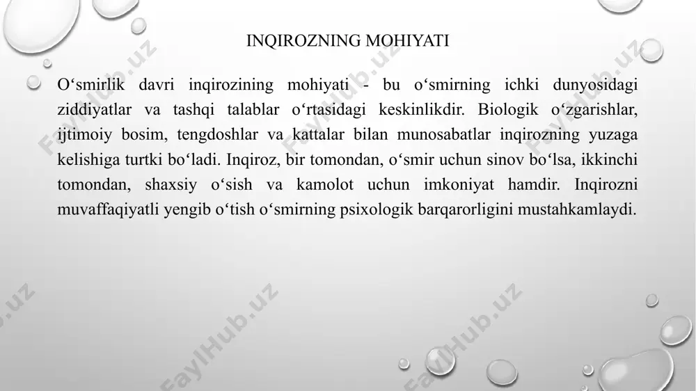 ʻlom turmush tarzi va zarur boʻlganda kasbiy yordam oʻsmirga inqirozdan muvaffaqiyatli chiqishga yordam beradi va uning psixologik farovonligini mustahkamlaydi. ``` this presentation outline includes 18 slides, following your structure and covering the topic in detail within 7 key sections. let me know if you would like any adjustments or further refinements! e'tiboringiz uchun rahmat! image2.png image3.png image1.png /docprops/thumbnail.jpeg