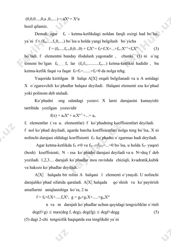 t а ustida transendent deyiladi. а = q va к = с bo`lsa ( u holda oddiy algebraik yoki transendent sonlar haqida gapiriladi. е( ( sonlar transendent sonlarga misol bo`la oladi. (2((3((2+(3 sonlar algebraik sonlarga misol bo`la oladi. teorema 3. а va к ( kommutativ halqa bo`lsin (t -к dagi element va (:а (к gomomorfizm bo`lsin . u holda ( ni shunday yagona (t gomomorfizmni davom ettirilgani mavjudki, u (а(х((к) а(х( ko`phadlar halqasini к ga akslantiradi, bunda х t ga o`tadi. ko`p o`zgaruvchili ko`phadlar. в=а(x( halqa birlik elеmеnti bo`lgan kommutativ a halqani o`z ichiga olgan bo`lsin. endi biz a ni b bilan almashtirib с=в(y( halqa quramiz bunda y yangi erkli uzgaruvchi, x a da qanday rol o`ynasa u ham b da shunday rol o`ynaydi. c dagi har bir elеmеnt bir qiymatli ravishda ( biyi bi(в ko`rinoshda yoziladi. в с dagi elementlari by0 = b(1 ko’rinishdagi elеmеntlardan tuzilgan to`plam bilan ya'ni …