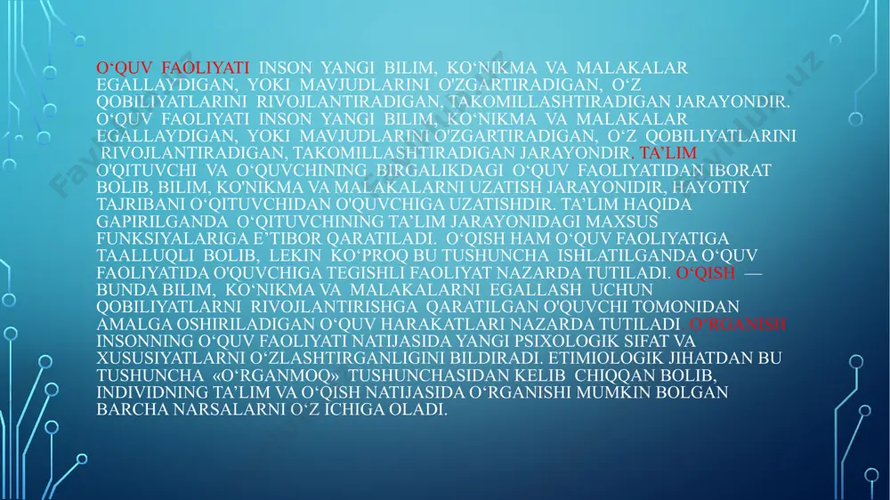 o‘tmish tajribadan ma’lum narsada noma’lumni ko‘rishdir. insayt bolaning intellekti rivojlanishi uchun kognitiv baza hisoblanadi. 5. ijod. yangi bilim, ko‘nikma va malakalarni yaratish uchun asos hisoblanadi. rus psixologi a.n.leontev inson faoliyatining psixik va amaliy shakllari mavjudligini, bola ongi aynan o‘quv faoliyatida o‘sishini ta’kidlaydi. d.b.elkonin esa o‘quv faoliyatining xususiyatlarini ko‘rsatib, uni mohiyatiga, mazmuniga va o‘zini namoyon etish shakliga ko'ra ijtimoiyligini ta’kidlaydi o‘quv faoliyatining besh elementi mavjud: -o’quv motivlari -o’quv topshiriqlari -o’quv harakatlari -o’qituvchining nazorati o’qituvchining baholashi motiv — inson xulq-atvorining ichki barqarorligi, harakatga undovchi tushunchadir. motivatsiya esa xulq-atvorni psixologik va fiziologik boshqarishning dinamik jarayoni, motivlar yig‘indisi bo’lib, unga tashabbus, yo‘nalganlik tashkilotchilik, qo‘llab-quvvatlash kiradi. motivlar birinchidan, o‘quv faoliyatiga undasa, ikkinchidan, maqsadga erishish uchun zarur yo‘l va usullar tanlashga yordam beradi. 0 ‘quv faoliyatida o‘quv motivlari o‘quvchilar tomonidan tanlanib, ular o‘quvchining maqsadi, qiziqishi, kelajak rejalari bilan bevosita bog‘liq bo'ladi. yosh xususiyatlaridan kelib chiqqan holda o‘quv motivlari turli yosh davrlarida turlicha boladi. o‘quv faoliyati motivatsiyasining …