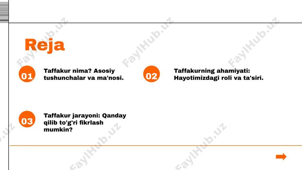 ish orqali yangi g'oyalar paydo bo'ladi. • ijodiy fikrlash taffakurning boshqa bir ko'rinishi bo'lib, san'at va ilm-fan sohalarida yangi g'oyalarni yaratishda muhim ahamiyatga ega. taffakurning ahamiyati taffakur shaxsiy rivojlanish uchun juda muhimdir, chunki u insonni o'z-o'zini anglash va potentsialini amalga oshirishga yordam beradi. jamiyatda esa, taffakur yangi g'oyalar yaratishda va rivojlanishda asosiy rol o'ynaydi. photo by xhiliana on unsplash taffakur jarayoni taffakur jarayonining bosqichlari taffakur jarayoni uchta asosiy bosqichdan iborat: 1) ma'lumot to'plash, 2) analiz qilish, 3) qaror qabul qilish. har bir bosqich o'zining ahamiyatiga ega bo'lib, taffakur jarayonining samaradorligini belgilaydi. ma'lumot to'plash bosqichida zarur ma'lumotlar yig'iladi, analiz qilish bosqichida esa, bu ma'lumotlar tahlil qilinadi, natijada qaror qabul qilish bosqichida eng to'g'ri yechim tanlanadi. bosqichlarning ahamiyati ma'lumot to'plash bosqichi fikrlar uchun zarur bo'lgan ma'lumotlarni yig'adi va bu jarayonni boshlaydi. analiz qilish bosqichida olingan ma'lumotlar tahlil qilinib, ularning o'zaro bog'lanishi aniqlanadi, bu esa yanada chuqurroq fikrlash imkonini beradi. qaror qabul qilish …