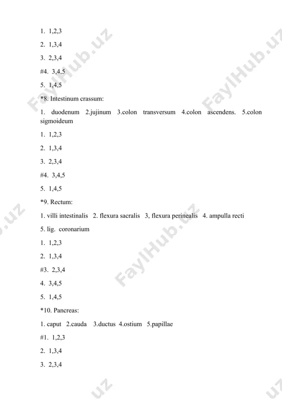 1,3,4 3. 2,3,4 4. 3,4,5 5. 1,4,5 *27. vesica urinaria: 1. ductus vesicae 2. fundus vesicae 3. ostium abdominalae 4. apex vesicae 5. corpus vesicae 1. 1,2,3 2. 1,3,4 3. 2,3,4 #4. 2.4.5 5. 1,4,5 *28. v esica urinaria: 1. tunica fibrosa 2. tunica adventitia 3. tunica muscularis 4. tela submucosa 5. tunica mucosa 1. 1,2,3 2. 1,3,4 3. 2,3,4 #4. 3,4,5 5. 1,4,5 *29. v esica urinaria: 1. tunica vasculosa 2. ostium ureteris 3. ostium urethrae internum 4. trigonum vesicae 5. ostium abdominalis 1. 1,2,3 2. 1,3,4 #3. 2.3.4 4. 3,4,5 5. 1,4,5 *30. testis 1. tunica mucosa 2. tunica albuginea 3. saccus alveolaris 4. lobuli testis 5.mediastinum testis 1. 1,2,3 2. 1,3,4 3. 2,3,4 4. 3,4,5 #5. 2,4,5 *31 testis: 1. ampulla ductus defferentis 2. tunica musculsris 3. tubuli seminiferi contorti 4. tubuli seminiferi recti 5. rete testis 1. 1,2,3 2. 1,3,4 3. 2,3,4 #4. 3,4,5 5. 1,4,5 …