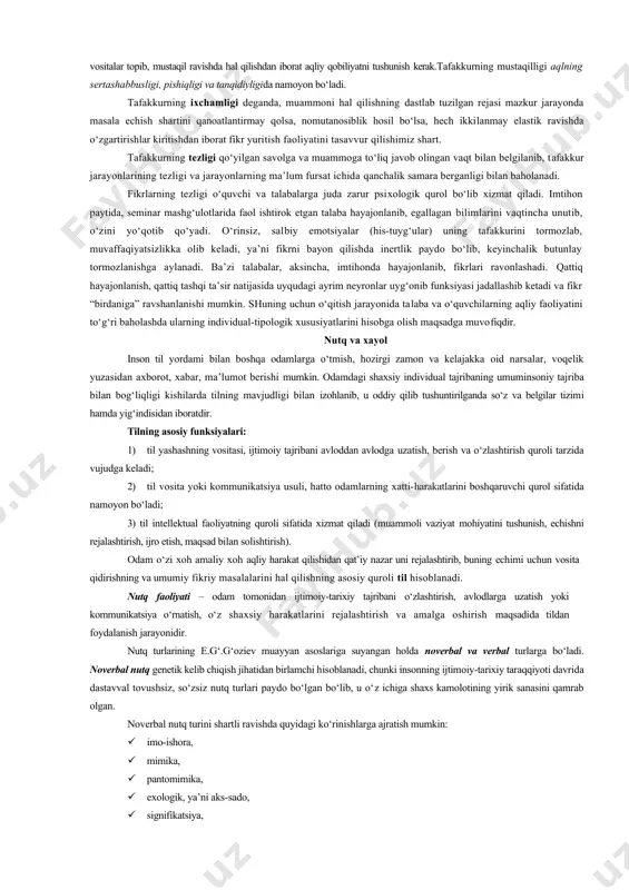 hdagi kichkintoylar bilish faoliyatida asosan ko‘rgazmali obrazlarga suyanib fikr yuritadilar, mulohaza bildiradilar va hukm chiqaradilar. shveysariyalik psixolog jan piaje tajribalarida 6-7 yoshdagi bolalarga xamirdan bab-baravar qilib yasalgan ikkita zuvalachani ko‘rsatadi, shu zahotiyoq tekshiriluvchilar ularning bir-biriga teng ekanligiga ishonch hosil qiladilar, tajribaning ikkinchi bosqichida zuvalachaning bittasi non shakliga keltiriladi, bu holatni o‘z ko‘zlari bilan kuzatib turgan bolalardan so‘ralganda, ular zuvalacha hajmining o‘zgarishiga qarab tenglik buzilgan deb javob berganlar. ushbu holat bog‘cha yoshi​dagi bolalarda ko‘rgazmali-obrazli tafakkur bevosita va batamom ularning idrok jarayonlariga bog‘liq ekanligini ko‘rsatadi. shuning uchun ular narsa va hodisalarning, jism va predmetlarning ko‘zga yaqqol tashlanib turuvchi alomatiga, xususiyatiga, tashqi belgisiga e’tibor qiladilar. lekin ularni ichki bog‘lanishlari, o‘zaro munosabatlarini bildirib keladigan muhim, asosiy sifatlariga ahamiyat bermaydilar. ob’ektlarni fazoda joylashgan o‘rni, tashqi nomuhim belgisi ularning ko‘rgazmali-obrazli tafakkurini vujudga keltiradi. masalan, ularning nazarida odamlar bo‘yining baland va pastligi ularning yoshini (ulug‘ligini) belgilaydi. intuitiv va analitik tafakkur. tafakkur aktivligiga qarab ixtiyorsiz (intuitiv) va ixtiyoriy …
