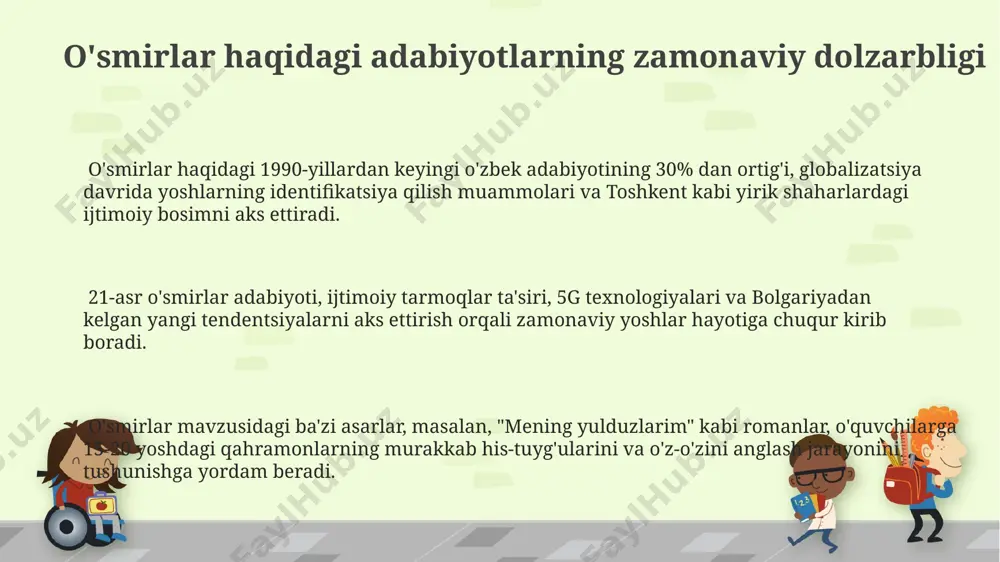 an. o'smirlar adabiyoti bo'yicha 3 ta asosiy janr – hikoya, roman va she'riyat darsliklarda 10-sinf o'quvchilari uchun 25 ta asardan ko'proq hajmdagi namunalar bilan taqdim etiladi. o'smirlar adabiyoti va ommaviy madaniyat samarqand viloyatida o'tkazilgan 500 nafar o'quvchilar orasida o'tkazilgan so'rovnoma natijalariga ko'ra, o'smirlar adabiyotining 40% dan ko'prog'i internet va ijtimoiy tarmoqlar orqali tarqalmoqda. toshkentdagi adabiyotshunos olimlarining 2015-yilgi tadqiqotiga ko'ra, o'smirlar adabiyoti va ommaviy madaniyat o'rtasidagi bog'liqlik 70% ga yaqin bo'lib, bu yoshlarning qiziqishlarini aks ettiradi. o'zbekistondagi 2000-yillardan keyingi adabiyotda o'smirlar mavzusi 30 dan ortiq roman va hikoyalar to'plamida aks ettirilgan bo'lib, ularning ko'pchiligi ijtimoiy muammolarni, masalan, shahar va qishloq o'rtasidagi farqni ko'rsatadi. o'smirlar adabiyotining kelajagi oʻsmirlar adabiyotining kelajagi, 21-asr texnologiyalari taʼsiri ostida, 300 dan ortiq yangi yozuvchilarning paydo boʻlishi bilan bogʻliq boʻlib, toshkent kabi yirik shaharlarda yangi adabiy oqimlarni vujudga keltiradi. oʻsmirlar adabiyotida 2025-yilgacha ijtimoiy tarmoqlar va bloglar orqali oʻquvchilar bilan 50% ga yaqin oʻzaro munosabat kuchayadi, bu esa yangi …