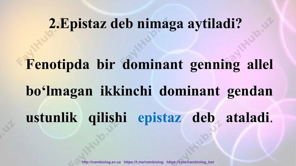 icha genotipli tovuq va xo‘rozlar chatishtirilsa, f1 da tovuqlarning pati qanday rangda bo‘ladi? a)iicc x iicc; b) iicc x iiсс http://nambiolog.zn.uz https://t.me/nambiolog https://t.me/nambiolog_bot p ♀ iicc х ♂ iicc g ic ic ic ic ic f1 iicc iicc iicc iicc genotip 1:1:1:1 fenotip 3:1 http://nambiolog.zn.uz https://t.me/nambiolog https://t.me/nambiolog_bot * iicc x iiсс g ic ic ic ic ic p f1 iicc iicc iicc iicc genotip 1:1:1:1 fenotip 100% oq http://nambiolog.zn.uz https://t.me/nambiolog https://t.me/nambiolog_bot 4-masala g‘o‘zaning malla va yashil tolali liniyalari chatishtirildi. f1 da malla tolali duragaylar yetishdi. f1 duragay o‘z-o‘zidan changlanganda f2 dа asosan malla, qisman yashil tola va juda oz miqdorda oq tolali o‘simliklar hosil bo‘lgan. bu hodisani qanday tushuntirish mumkin? http://nambiolog.zn.uz https://t.me/nambiolog https://t.me/nambiolog_bot fenotip genotip malla aabb, aabb, aabb, aabb yashil aabb, aabb, aabb, aabb oq aabb p aabb x aabb g ab ab ab f1 http://nambiolog.zn.uz https://t.me/nambiolog https://t.me/nambiolog_bot aabb malla aabb malla f1 dagi digeterozigota avlodlarni o‘zaro chatishtirsak (komplementar) …