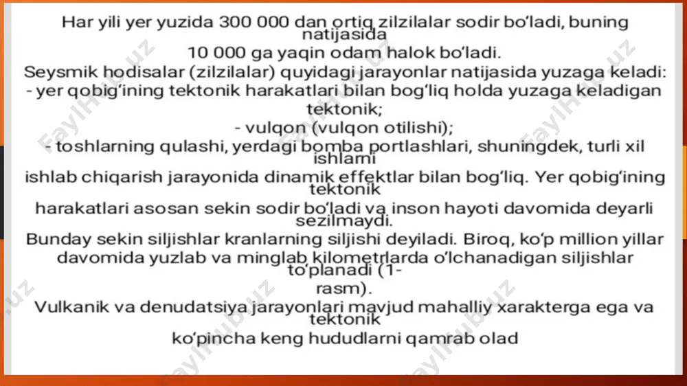 godografi bunda nurning yer yuziga chiqishi tuyuluvchi burchagi va kondalang tolqinlar tarqalish tezligiga bogliq. kondalang tolqinlar tezligini b.b.golitsin kuzatuvlardan olgan. hisoblashlar natijasida olingan ekspyerimental godograf 1940 yillarda olingan godograflar bilan yaqin. seysmik toʻlqinlar - zilzila oʻchogʻi, portlash, kuchli zarba va boshqa tebranish hamda silkinish manbalaridan tarqaladigan tebranishlar. kuchli zilzila oʻchogʻiga yaqin joylarda seysmik toʻlqinlar sekundning 1/10 ulushiga teng vaqtda vayron qiluvchi kuchga ega boʻladi. epitsentrdan ancha uzoq masofadagi seysmik toʻlqinlar elastik toʻlqinlar hisoblanadi. deformatsiya turiga koʻra, boʻylama, koʻndalang va sirtki toʻlqinlar tarqalishiga ko'ra quydagilarga bo'linadi: seysmografda koʻringan p-toʻlqin (birlamchi) va s-toʻlqinlar (ikkilamchi) boʻylama va sirtki toʻlqinlar foydalanilgan adabiyotlar 1. r.d. xamroqulov. s.sh.sarimsoqov. noyob va baland binolarning zilzilabardoshligi. 2. uktamovich, s. b. (2016). about transfer of effort through cracks in ferroconcrete elements. european science review, (7-8), 220-221. 3. bakhodir, s., & mirjalol, t. (2020). development of diagram methods in calculations of reinforced concrete structures. problems of architecture and construction, 2(4), 145-148. …