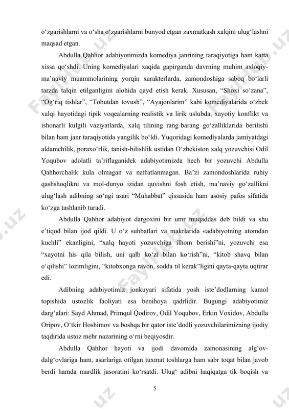a badiiy ijodda abdulla qahhorning haq sо‘zni aytish an’analari va qutlug‘ bashoratining bо‘y kо‘rsatayotgani quvonarlidir. albatta, yuqorida alohida ta’kidlaganimizdek abdulla qahhor hikoyachiligi, nafaqat uning ijodida, balki xx asr о‘zbek nasrida nodir sahifalarni tashkil etadi. uning hikoyalari yaqin о‘tmish va yozuvchiga zamonidagi voqealar talqiniga bag‘ishlangan. buning ustiga bu hikoyalarning kо‘pchiligi hajviy yо‘nalishda. ular mazmunan teranligi, yuksak haqqoniyligi, badiiy о‘tkirligi bilan о‘zbek prozasi rivojida alohida о‘rin tutadi, chunki bu hikoyalarda realistik prinsiplar о‘z –о‘zini kо‘z-kо‘z qilib turadi. bizning talabaga xos bо‘lgan bu qarashlarimizni-xayratlarimizni abdulla qahhorning ijodkor dо‘sti, ustozi oybekning quyidagi sо‘zlari yanada tо‘ldiradi: “uning barcha asarlarini kitobxonlar katta e’tibor bilan sevib о‘qiydilar. uning tili va uslubi katta masterlar darajasida xarakterlari aniq bir-biridan keskin ajralib turadi. abdulla qahhor... chexov ijodiyoti uchun xarakterli va biz uchun ayniqsa qimmatli bо‘lgan mahorat sirlarini о‘rgandi” . biz о‘z bitiruv malakaviy ishimizda ustoz oybek qayd etgan abdulla qahhor ijodidagi, xususan, hikoyachiligimizdagi mahorat sirlarini-poetika masalalarni о‘rganishni maqsad etdik. bu …