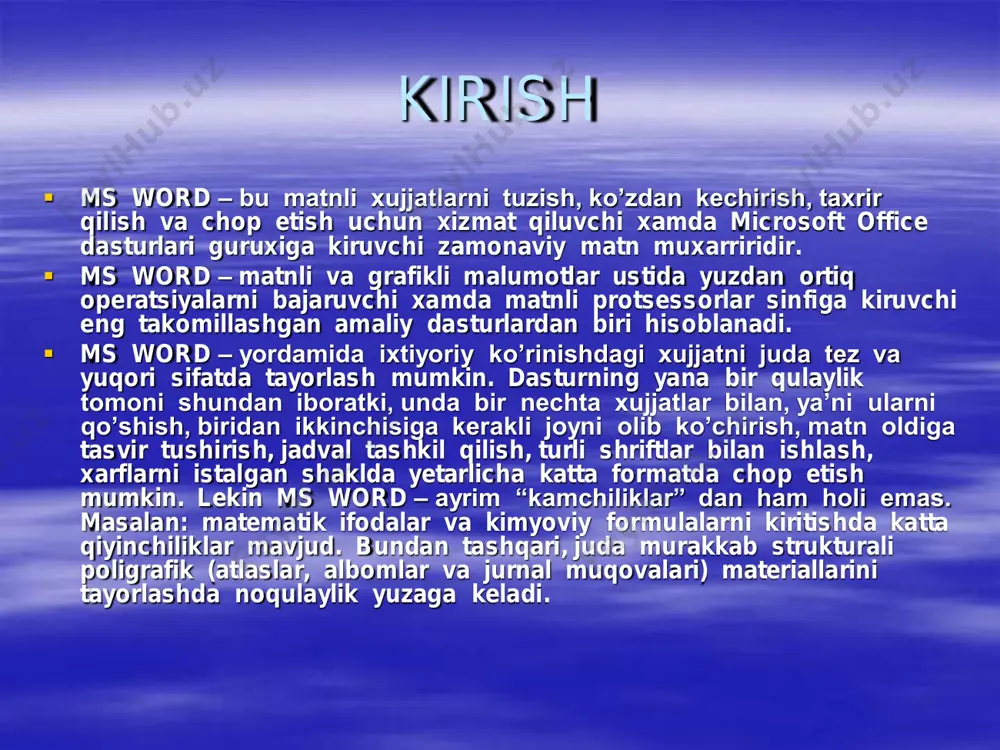 ar tuzish;  -avtofiguralar chizish, titul varaqalarini jihozlash va shu kabi yana bir turkum ishlarni bajarishi mumkin word ni ishga tushirish va undan chiqish  word dasturi odatda dasturlar despetcherining microsoft office bulimida joylashgan bo'ladi . word dasturini ishga tushirish uchun "sichqoncha" ko'rsatkichini word yorlig’ining ustiga keltirib, uning chap tugmasini ikki marta bosib, odatdagi usulda ishga tushirish mumkin . windows da wordni ishga tushirish uchun "пуск" tugmasi yordamida "программы`" bandiga va so’ngra wicrosoft word "sichqoncha"ning kursatgichi yordamida tanlanadi va uning chap tugmasi bosiladi. natijada ekranda dastlab microsoft word eskizi tushirilgan oyna, so'ngra microsoft word ning ish stoli paydo bo'ladi. word menyusining bo'limlari.  menyu quyidagi qismlardan iborat : файл, правка, вид, вставка, формат, сервис, таблица, окно, справка.  menyuning правка bo'limida bajaligan operatsiyani rad etish va qayta takrorlash, belgilangan joyni qirqib olish va kerakli joyga qo’yish, tanlangan joyni o'chirish, xujjatning barcha joyini tanlash, matndan kerakli so'zni izlab topish va uni …