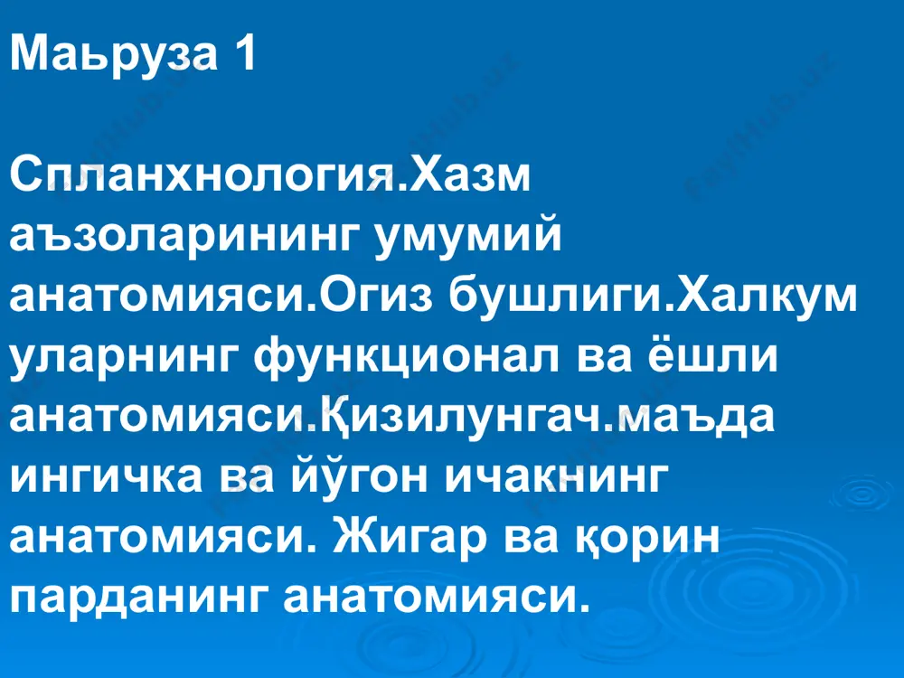 qon limfa tomirlar,bezlar va limfoid follikulalar joylashgan.3. tunica muscularis u kondalang targil va silliq mushaklardan tuzilganbilan qoplangan. seroz pardasi bo'lmaydigan ba’zi a’zolarning tashqi yuzasi biriktiruvchi to'qima qavati — adventitia bilan qoplangan bo'ladi (halqum, qizilo'ngach). splanchnologia— ichki a’zolar haqidagi bo'lim ichki a’zolar deb odam organizmining ko'krak, qorin, chanoq bo'shliqlarida joylashgan a’zolarga aytiladi. bu bo'shliqlarda ovqat hazm qilish a’zolari, nafas tizimi a’zolari, siydik chiqarish va jinsiy a’zolar joylashgan. ichki a’zolar bo'shliqlarda joylashsa ham, tashqi muhit bilan o'z aloqasini saqlab qoladi. ichki a' zolarning tuzilishiga ko'ra naysimon va parenximatoz a’zolarga bo'lish mumkin. parenximtoz a’zolar o'z vazifasini bajaradigan maxsus to'qimalardan hosil bo'ladi. ko'pgina hazm qilish a’zolarining devori to'rt qavatdan tashkil topadi: i ) ichki — shilliq qavat; tunica mucoza 2) shilliq osti qavati; tunica submucoza 3) mushak qavati; tunica muscularis 4) tashqi — seroz parda qavati. tunica serosa a’zo devoridagi har bir qavat hosilaning qalinligi, shu a’zoning vazifasiga bog'liq bo'ladi. ba'zi a’zoda mushak qavati …