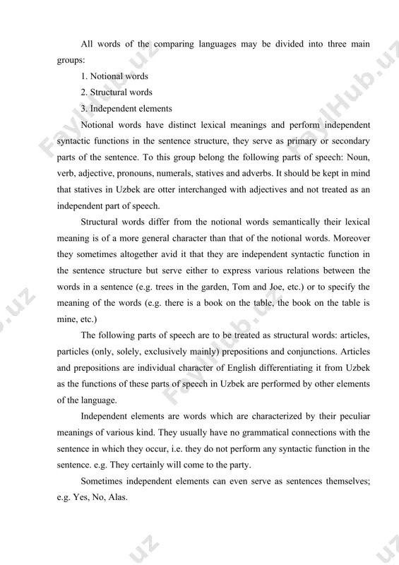 (subject) and possessive (genitive) cases. the common case is characterized by a zero morpheme (suffix) e.g. child, boy, student, ir. and the possessive case by the indexing is and its phonetic variants as [s] and [z]. the uzbek бош келишиги (common or subject case) corresponds in meaning and function to the english common case both of them are unmarked member of the case opposition and perform similar syntactic function in the sentence structure. english common case and other five cases of uzbek are marked members of the case opposition in both languages. the english possessive case is marked by the stiffly is which can sometimes be substituted by the preposition of (e.g. my father’s room, the room of may father) and therefore is sometimes called of – genitive – case. this case denotes possession of a thing or a person and in uzbek it has its correspondence in the uzbek …