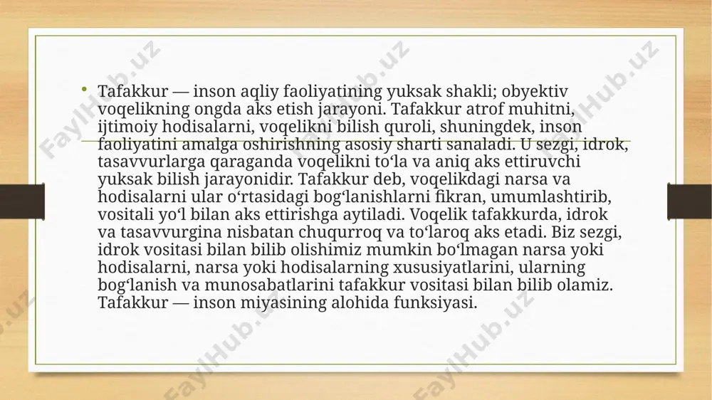 nazorat qilish, oʻzini oʻzi nazorat qilish, guruhiy mulohaza yuritishdan iborat tafakkur sifatlari vujudga keladi. insonning inson tomonidan idrok kilinishi ham tafakkur bilan uzviy aloqadadir. ijodiy ishlar, kashfiyotlar, ixtirolar, takliflar tafakkurning mahsuli hisoblanadi. tafakkur jarayonining quyidagi fikrlash operatsiyalari mavjud. 1. analiz-yunoncha parchalash, bo`lish, tahlil qilish narsa va hodisalarni fikran tarkibiy qismlarga ajratishdan iborat aqliy jarayon. masalan: psixologiyada ong hodisasi analiz qilinar ekan, u aql iroda, hissiyot deb uch qismga ajiratiladi. biror o`simlikni o`rganishda uning qismlarini ildizi, tanasi, shohi, bargi, guli, mevasi va hokazolarni qismlarga bo`lib o`rganiladi. 2. sintez-yunoncha qo`shish, birlashtirish, narsa va hodisalarning tarkibiy qismlari va sifat xususiyatlarini fikran yoki amaliy ravishda bir butun qilib qo`yishdan iborat aqliy jarayondir. masalan: narsa hodisalarning muhim belgilari qo`shilishidan yaxlit bir tushuncha hosil bo`ladi. harflardan bo`g`inlar, bo`g`inlardan so`zlar, so`zlardan gap, gapdan nutq hosil bo`ladi. 3. taqqoslash-narsa va hodisalarni bir-bir solishtirish, ular o`rtasidagi o`xshashlik, farq, tenglik va qarama - qarshiliklarni topishdir. taqqoslash tafakkur jarayonlarida muhim ahamiyat …