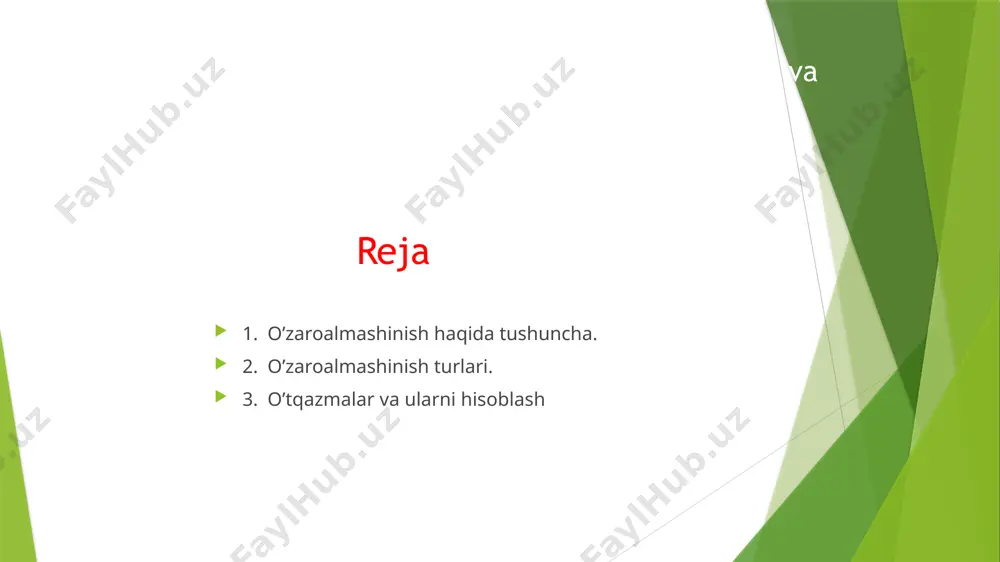 2 – ilovada keltirilqan 1 — : — 8 jadvallardagi ma'lumotlar bilan to’ldirilgan. o’zaroalmashinish haqida tushuncha ichki o'zaroalmashinish tayyor mahsulot ichidagi qismlargagina taaluqlidir. masalan. yana o’sha podshipnikni olib qarasak, uning tebranish qismi va halqasinigina almashtirish mumkinligini ko'ra olamiz. o'zaroalmashinishning shartlaridan yana biri detallar, uzellar, qismlar va zahiralar geometrik pararnetrlarining o'ta aniq bo'lishidir. o'zaroalmashinuvchi bo'lib, tizimning yoki ob'yektning to'liq olingan holati ham bo'lishi mumkin. albatta bunday paytda o'zaroalmashinadigan detallar chidamli, ishga yaroqli, o'zaro ta'sirda yemrilmaydigan, aniq o'lchamli va h.o. bo'lishi lozim. bu holat, albatta zahira qismlarga ham tegishlidir. o’zaroalmashinish turlari. mutaxassislarning fikricha, ishlab chiqishni rivojlantirishdagi eng yaxshi variantlardan biri, to'liq o'zaroalmashinishni amalga oshirish ekan. chunki, bu hollarda jarayon soddalashar, detallarni yig'ish uchun yuqori malaka talab qilinmas ekan. bunday hollarda bajariladigan ishni normalash, uni xarajatini hisoblab borish, ishni to'liq riazorat ostiga olish, ishni ritmini o'matish, ishni patok holatiga o'tkazish, jarayonni avtomatlashtirish va ta'mirlash jarayonini soddalashtirish mumkin ekan, chunki har bir detal, uzel …