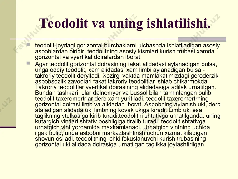 hiliklarini tuzatib, bo’laklar munosabatini kerakli tnartga moslashtirishga teodolitni tugirlash yoki yustirovka deryiladi. teodolitga kuyiladigan asosiy merxanik terxnologik shartlar; asbob uklarining tugriligi va ravon aylanishi, kutargich, maxkamlagich va mikromertr vintlarining tugri bulishi va erkin aylanishi, asbobning shtativ ustida mustaxkam turishi va boshqalardan iborat. optik shartlarni sinash esa kurish trubasi va lupalarning sifatini sinashdan iborat bulib, bunda kurish trubasida sfyerik va xromatik abyerratsiyalarning ta'siri bulmasligi aniklanadi. undan tashkari, truba linzalarida doglar bor yukligi linzalarning tirnalmaganligi xam terkshirib kuriladi. teodolit bilan ishlashdan oldin va ishlash protserssida teodolit vakt-vakti bilan terkshirib turiladi. chunki teodolit bilan ishlash protsersida, ayniksa asbobni bir joydan ikkinchi joyga olib borishda uning biron kismi uz urnida siljib kolishi va natijada, yukorida aytilgan talablarning ba'zilariga javob byermay kolishi mumkin. shuning uchun teodolit bilan ulchash ishlarini bajaruvchi kishi teodolitni terkshira olishi va tuzata olishi kerak. teodolit bilan gorizontal burchaklarni ulchash va ulchash natijalarini jurnalga yozish. abc burchakni ulchash kerak bulsin. buning uchun …