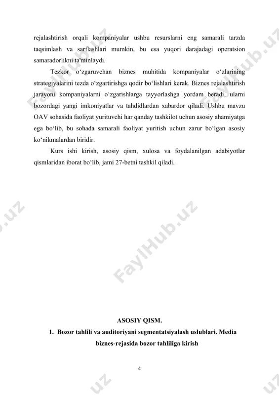 otlar o‘zlarining reklama kampaniyalarida ijtimoiy tarmoqlardan foydalanishlari mumkin, chunki bu auditoriya ushbu platformalarda faol. 2. geografik segmentatsiya: iste'molchilarni joylashuviga ko‘ra segmentlash, masalan, shahar, viloyat, mamlakat yoki iqlim mintaqalariga ko‘ra. bu uslub mahalliy farqlarga moslashuvchan yondashuvlarni talab qiladi, masalan, iqlim sharoitiga mos mahsulotlar yoki xizmatlar taklif qilish. 3. psixografik segmentatsiya: bu uslub iste'molchilarning qiziqishlari, hayot tarzi va qadriyatlari kabi ichki omillarga asoslanadi. psixografik segmentatsiya yordamida kompaniyalar o‘z mahsulotlarini aniq maqsadli guruhlar ehtiyojlariga qanchalik mos kelishini aniqlay oladilar. 4. xulq-atvor segmentatsiyasi: bu uslub iste'molchilarning xarid qilish tarixi, mahsulotdan foydalanish chastotasi va sadoqati kabi xatti-harakatlarini o‘rganishga asoslanadi. ushbu ma'lumotlar yordamida kompaniyalar mijozlar bilan uzoq muddatli munosabatlar o‘rnatish va ularni sadoqatli mijozlarga aylantirish strategiyalarini ishlab chiqishlari mumkin. har bir uslub o‘ziga xos yondashuv va ma'lumotlar tahlilini talab qiladi va ularning birlashtirilgan qo‘llanilishi kompaniyalarga o‘z auditoriyalarini chuqurroq tushunish va ularning ehtiyojlariga aniq javob berish imkonini beradi. media biznes-rejasida bozor tahlilini kirish qismi strategik va tuzilgan …