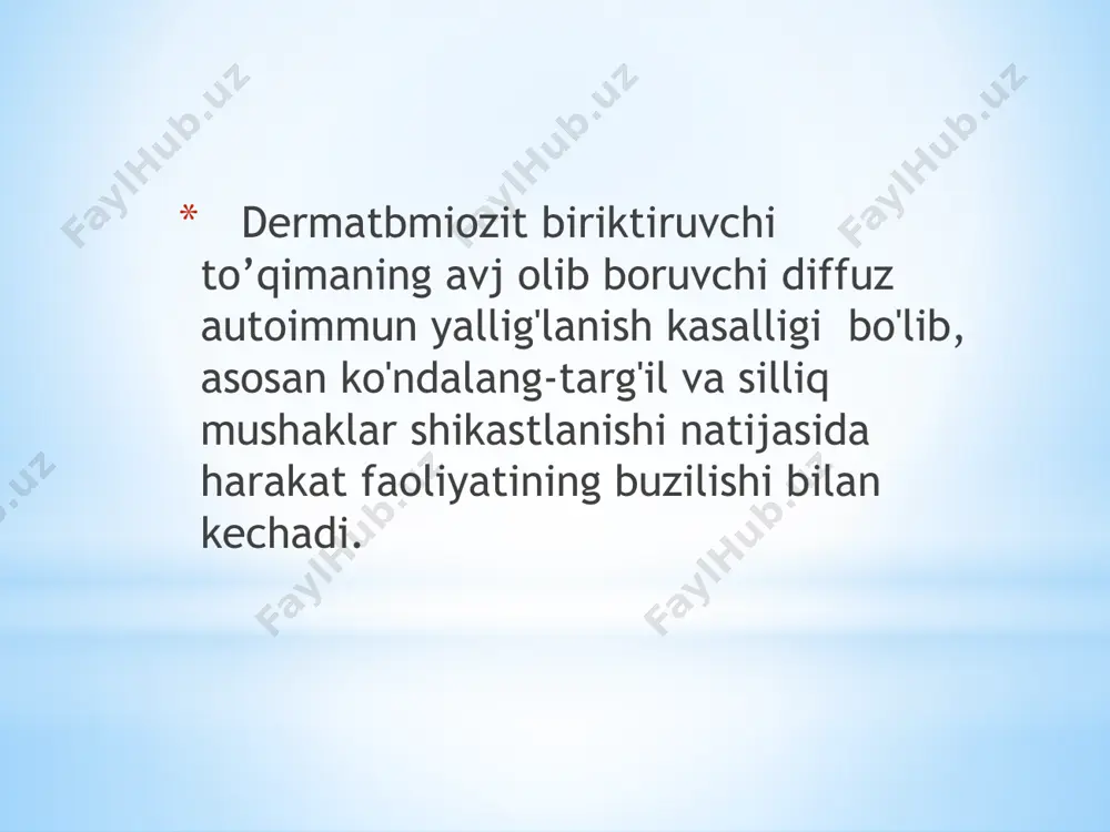 inishini belgilaydi. bunda aksariyat bo‘yin, yelka, tos kamari, oyoq va qo‘l mushaklarini zo‘rayib boruvchi holsizligi, mialgiya, «xamirsimon» shish, keyinroq esa proksimal mushaklar atrofiyasi va kontrakturalar kuzatiladi. ayrim hollarda bo‘yin va tananing orqa qismida mushaklaming zararlanishi tufayli bemorlarda boshni ushlab tura olmaslik va o‘tira olmaslik kabi holatlar yuzaga keladi. qo‘l mushaklarining zararlanishi o‘zo‘ziga xizmat qilish va oyoqdagi harakatlami cheklab qo‘yadi. yuz mushaklaridagi o‘zgarishlar uni «maskasimon» tus olishiga sabab bo‘ladi. qo‘l va oyoqlarda mushaklar zararlanishi bilan bir qatorda, reflekslar sustligi yoki yo‘qolishi, giperalgeziya hamda paresteziyalar kuzatilishi mumkin. klinikasi [davomi] ushbu kasallikda teridagi o‘zgarishlar turli xil namoyon bo‘lib, asosan tananing ochiq qismida, bo‘g‘imlar ustida oftobdan kuyish ko‘rinishidagi yoki pushti-siyoh rangidagi eritema va kaftdagi, barmoq yostiqchalaridagi kapillyaritlar hamda yuz, kaft, kam hollarda oyoq, boldir sohasida, qattiq shishlar ko‘rinishida bo‘ladi. ushbu kasallikka patognomonik hisoblanuvchi «ko'zoynak» alomati, ya’ni ko‘z atrofidagi shish va eritema aynan dermatomiozitga xosdir. aksariyat hollarda terida bullyozli, papulali toshmalar va purpura, teleangiektaziya, giperkeratoz …