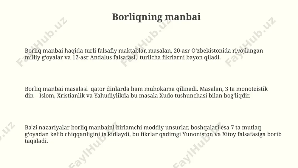 arishi haqidagi fikrlar, 3 qismga bo'lingan tabiatshunoslik bilimlari doirasida bahs etiladi. 20-asr oxiri va 21-asr boshlarida o'zbekistondagi falsafa maktablari "borliq va o'zgarish" masalasiga zamonaviy g'oyalar orqali yangicha yondashishni taklif qilishdi. borliqning shakllari "borliqning shakllari" haqidagi munozaralar 15-asr buxoro madrasalarida 3 ta asosiy maktab – usmonli, movarounnahr va xorazm maktablari orasida falsafiy bahslarga sabab bo'lgan va har bir maktab borliqni o'ziga xos 5 ta kategoriyaga ajratgan. "borliqning shakllari" tushunchasi, ibn sino (980-1037)ning "qonun fi-t-tibb" asarida 4 element nazariyasi orqali 12 ta asosiy shaklga bo'linib, har bir shaklning o'ziga xos xususiyatlarini, masalan, samarqanddagi tabiat hodisalari bilan bog'lab tushuntiradi. "borliqning shakllari"ni tushunish uchun, 20-asrning mashhur o'zbek faylasufi, mirzo ulug'bek nomidagi toshkent davlat universitetida dars bergan abdurahmon jomiyning fikrlarini tahlil qilish orqali, borliqning 7 ta asosiy mavhum toifasini aniqlash mumkin. mavjudlikning darajalari gʻarb falsafasida mavjudlikning potentsial va aktual darajalari aristotelning “metafizika” asarida (miloddan avvalgi 4-asr, afinada yozilgan) muhokama qilinadi, bu esa mavjudlikka yondashuvning turli …