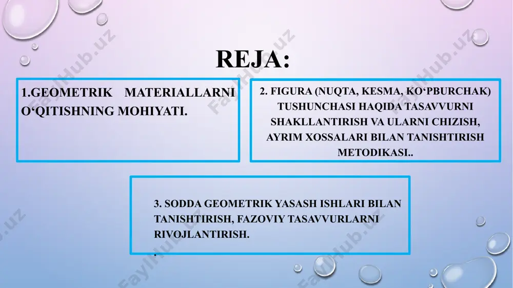 arni tutashtirish vazifasini beradi. nuqtalar olib ularni to‘g’ri chiziq bilan tutashtirishni bajartiradi. shundan keyin o‘quvchilar nuqtalar, to‘g’ri chiziq, yoki yozishni va ularni kesmalar yordamida birlashtirishni tushunib oladilar. ko‘pburchaklar bilan tanishganda ularning uchlari nuqta ekanligini bilib oladilar. 2-sinfda nuqtalarni a.b,c,d, ... harflar bilan belgilaydilar. doskadagi chizilgan aylana va turtburchakning ichida, ustida va tashqarisida yotgan nuqtalarni yozing va o‘qing degan topshiriq beriladi. 1-sinfdan boshlab to‘g’ri chiziq to‘g’risida tushuncha turli vazifalarni bajarishda beriladi. u bilan bir vaqtda egri chiziq haqida tushuncha ham ipni tortib turish, bo‘shatish kabi mashqlarda tushuntiriladi. endi chizg’ich orqali qog’oz va doskada to‘g’ri chizish malakasini egallaydilar, uni atrofdagi predmetlar bilan taqqoslaydilar, qaysilari to‘g’ri chiziq egri chiziq ekanligini aytadilar. kesma bilan amaliy ishlarni bajarishda tanishtiriladi. masalan: ikkita nuqtani chizg’ich bilan tutashtiradi. kesma nuqtalar orasidagi to‘g’ri chiziqning qismi ekanligi haqida malaka beriladi. undan keyin kesmalarni o‘lchash to‘g’risida, santimetr, millimetr, detsimetr, metr kabi birliklar bilan xam tanishadilar ko’pburchaklarning elementlari bilan tanishganda uning tomonlari …