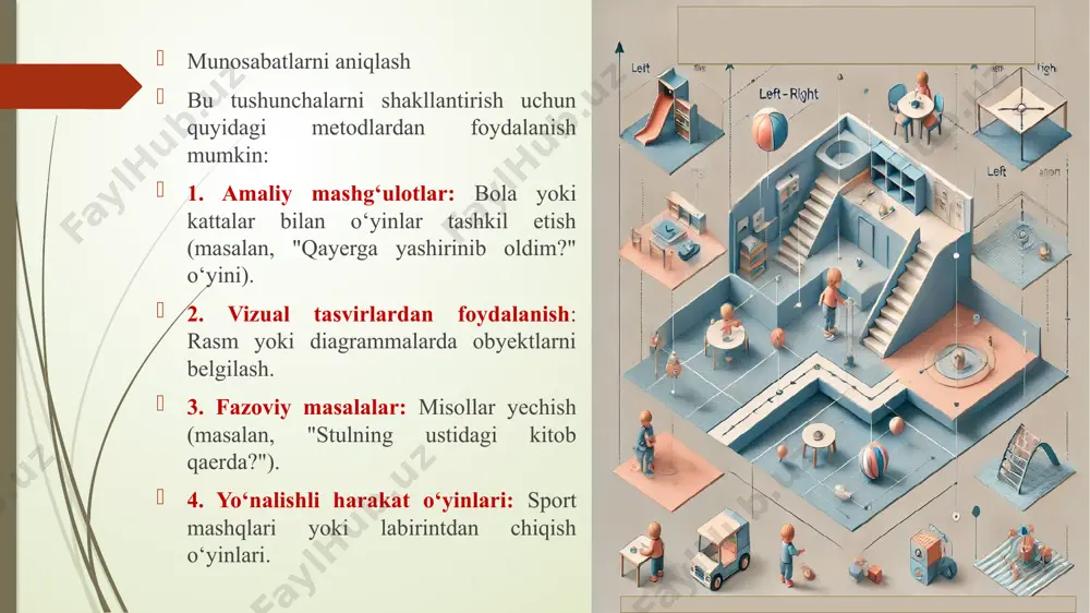 chalarini qabul qilishadi. ular ob'ektlarning joylashuvini, kattaligini va shakllarini aniq farqlashadi. 4. 9-12 yosh: fazoviy tafakkurni chuqurlashtirish xususiyatlar: bu yoshda bolalar fazoviy idrokni yanada rivojlantiradilar. ular o‘rganilgan fazoviy tushunchalarni yanada kengaytiradilar. idrok: bolalar fazoviy vazifalarni hal qilishda mantiqiy yondashuvni qo‘llay boshlaydilar. ular obyektlarni turli burchaklarda tasavvur qilishda yaxshilanadi. ko‘rsatkichlar: bolalar fazoviy va vaqt o‘zgarishlarini birgalikda anglay olishadi. shakllar o‘rtasidagi munosabatlarni yanada yaxshiroq tushunishadi. 5. 12 yosh va undan yuqori: kengaytirilgan fazoviy idrok xususiyatlar: o‘smirlar fazoni idrok etishda yanada murakkab tushunchalarni qabul qilishadi. ular matematik va ilmiy tushunchalarni o‘zlashtirishda fazoviy tafakkurni faol qo‘llaydilar. idrok: o‘smirlar fazoviy tafakkurni abstrakt va mantiqiy yondashuvlarga moslashtiradilar. ular murakkab geometriya va matematik modelalarni tushunishadi ko‘rsatkichlar: o‘smirlar, fazoviy va vaqt o‘zgarishlarini o‘zaro bog‘lash va ulardan kompleks vazifalarni hal qilishda foydalanish qobiliyatiga ega. xulosa fazoni idrok etishning har bir yoshdagi xususiyatlari bolalarning kognitiv rivojlanishini aks ettiradi. bolalar yoshiga qarab fazoviy tafakkurni o‘rganish va rivojlantirishda yangi bosqichlarga o‘tadilar. bu …