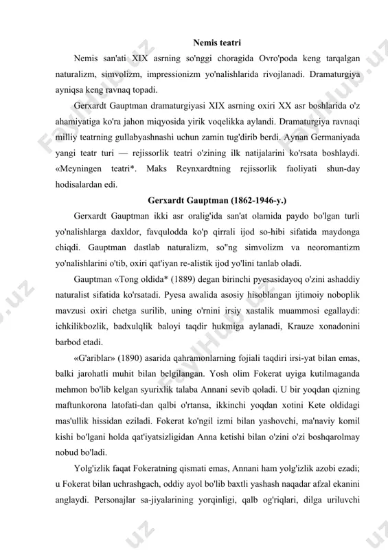 li yashash naqadar afzal ekanini anglaydi. personajlar sa-jiyalarining yorqinligi, qalb og'riqlari, dilga uriluvchi mayin bahoriy kayfiyat — bularning jami «g'ariblar» asari yangi usul dramasining eng noyob namunasi ekanini ko'rsatardi. o'ziga xos muloqot usuli, ya'ni «begonasirab so'zlashish», kechmishning ichki tub mohiyatiga tutash ichki mulohazalar, dardli sukunatlar mazkur asarning favqu-lodda badiiy kashfiyot ekanini ko'rsatardi. sahnaviylikning bunday ichki tahlikaviy tarzi asarga nisbatan alohida qiziqish uyg'otdi. «g'ariblar» pyesasining nomi o'sha davrda ovro'po ziyoliy-larining ma'lum qismi orasida ko'zga tashlangan ma'naviy tanaz-zulning umumlashma ifodasi tarzida qabul qilindi. mazkur asarda gauptmanning ijodida bosh mavzulardan biri, ya'ni insonning tuban muhitga qarshi noroziligi mavzusi yetakchi mavzuga aylandi. personajlar sajiyalarining yorqinligi qalb og'riqlar, dilga uriluvchi mayin bahoriy kayfiyat — bularning jami «g'ariblar» asari yangi usul dramasining eng ibratli namunasi ekanidan dalolat edi. o'ziga xos muloqot usuli, ya'ni «begonasirab so'zlashish*, kechmishning ichki tub mohiyatiga tutash ichki mulohazalar, dardli sukunatlar mazkur asarning favqulotda badiiy kashfiyot ekanini ko'rsatadi. sahnaviylikning bunday ichki tahlikaviy tarzi …