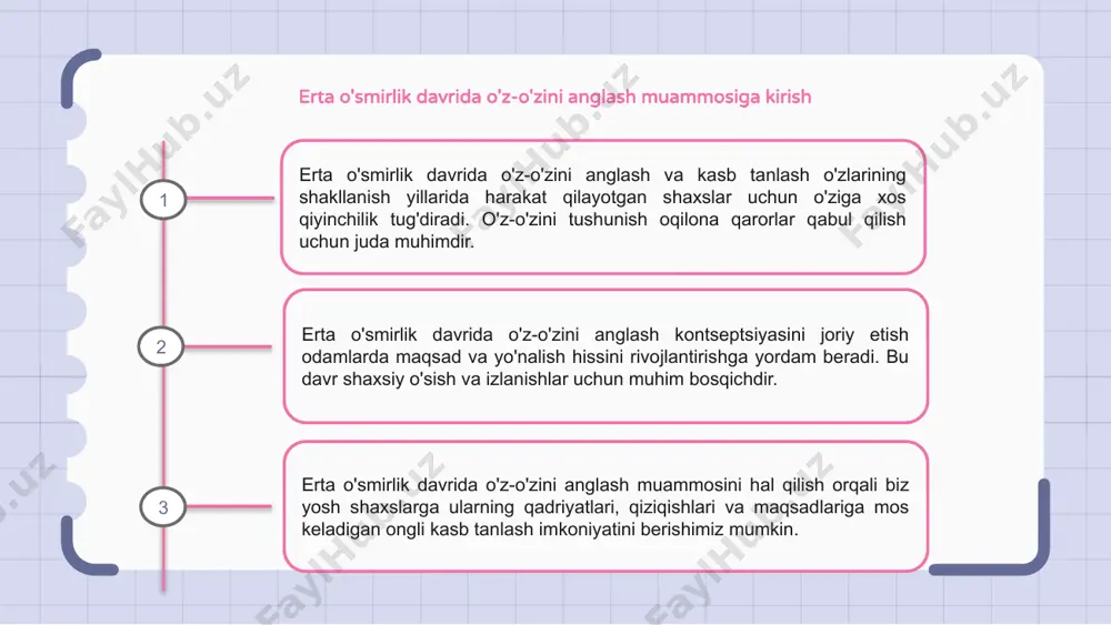 anlashda oilaning umidlari yoki jamiyat normalariga ustunlik berishi mumkin. bu o'z xohish-istaklarini madaniy umidlar bilan muvozanatlashtirmoqchi bo'lgan shaxslar uchun qiyinchiliklar tug'dirishi mumkin. madaniy ta'sirlar o'z-o'zini anglash va martaba qaroriga qanday ta'sir qilishini tushunish o'qituvchilar va ota-onalar uchun rivojlanishning ushbu qiyin bosqichida o'tayotgan o'smirlarga yordam va yo'l-yo'riq ko'rsatish uchun juda muhimdir. 1 2 3 o'smirlarning kasbiy izlanishlarida o'z-o'zini aks ettirishning ahamiyati erta o'smirlik - bu o'z-o'zini anglash va martaba izlash uchun hal qiluvchi davr. ko'pgina yoshlar o'z qiziqishlari va iste'dodlarini aniqlashda qiynalmoqda. o'z-o'zini aks ettirish o'smirlarga bilimli kasb tanlashda yordam berishda muhim rol o'ynaydi. ularning qobiliyatlari va qadriyatlarini baholab, ularni potentsial martaba yo'llari bilan moslashtirishi mumkin. o'smirlarda o'z-o'zini aks ettirishni rag'batlantirish yanada qoniqarli va muvaffaqiyatli martaba qarorlariga olib kelishi mumkin. bu ularga ma'lum bir yo'lga kirishdan oldin o'z qiziqishlari va ehtiroslarini o'rganishga imkon beradi. o'z-o'zini anglash va kasb tanlash haqida keng tarqalgan noto'g'ri tushunchalar erta o'smirlik davrida ko'p odamlar o'z-o'zini anglash …