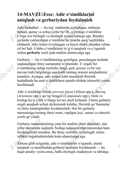 adir o‘simliklarini aniqlash va gerbariydan foydalanish — DOCX
