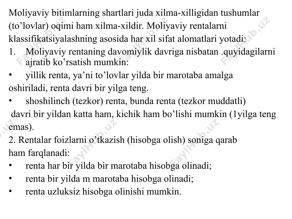 ,840.76 tolovlar yiliga p marta o’tkazilganda, foizlar yiliga m marta hisobga olinganda oshgan qiymatni hisoblash excelning moliyaviy funksiyasi orqali hisoblash: fv = бс(r/m;n*m;-r;;)/ бс(r/m;m/p;-p;;) (3) maple 9.5 dasturi yordamida hisoblash: 3-masala. 2- misolda yillik tushum qiymati ikkiga bo’lib, ya’ni har yarim yilda o’tkazilganda oshgan qiymatni hisoblang? berilgan: n=5; m=4; r = 500 ming so’m; r =30%; р=2. topish kerak: fv = ? yechish: bevosita (3) matematik formula yordamida hisoblash: excelning moliyaviy funksiyasi orqali hisoblash: fv=бс(0.3/4;5*4;-500;;)/бс(0.3/4;4/2;-2;;) =5,217.43 maple 9.5 dasturi yordamida hisoblash: to’lovlar oqimi yoki moliyaviy renta prenumerando (4) (5) excelning moliyaviy funksiyasi orqali hisoblash: fv = бс(r;n;-r;;)*бс(r;1;;-1;) agar foizlar yiliga m marta hisobga olinsa: fv=бс(r/m;n*m;-r;;)/бс(r/m;m;-1;;)*бс(r/m;m;;-1;) maple 9.5 dasturi yordamida hisoblash: > with(finance):r*effectiverate(r, n)/effectiverate(r, 1)* futurevalue(1,r,n); agar foizlar yiliga m marta hisobga olinsa: > with(finance):r*effectiverate(r*m, n*m)/effectiverate(r, m)* futurevalue(1,r/m,n*m); 3. annuitetni joriy (hozirgi) qiymatini aniqlash biz yuqorida oshgan qiymat bo’yicha oldindan ma’lum miqdordagi summani olish uchun mijoz hozirda bankka qancha summa qo’yishi …