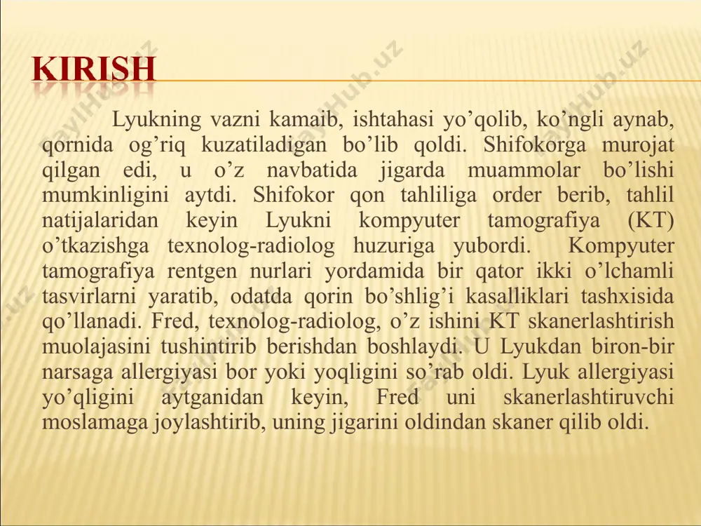 ishi oq qon tanachalarining ishlab chiqarilishini vaqtinchalik kamaytirib yuboradi. agarda nurlanish darajasi 100 berdan yuqori bo'lsa, odamda nurlanish kasalliklari belgilari: ko'ngil aynish, qusish, holsizlik va oq qon tanachalarining soni kamayishi kuzatiladi. tanadagi nurlanish 300 berdan oshib ketsa leykotsitlar miqdori nolga tushib ketishi ham mumkin. bunda odam ich ketishi, soch to'kilishi va infeksiyadan aziyat chekadi. nurlanishning 500 ber darajasi shu miqdorda nurlangan odamlarning 50% ida o'limga olib kelishi mumkin. tananing 600 ber dan yuqori darajada nurlanishi barcha odamlar uchun halokatli bo'lishi mumkin. organizmda biron bir a'zo holatini aniqlash uchun radiolog shu a'zoda to'planib qoladigan radioizotoplarni ishlatadi. organizm hujayralari radioaktiv izotopni radioktiv bo'lmaganidan ajratib o'tirmaydi, shuning uchun organizmga yuborilgan izotoplar oson qo'shilib ketadi.radioaktiv atomlar nur tarqatib turganligi uchun, ularni topib olish oson bo'ladi. rakni davolash uchun radioaktiv izotop bilan to’ldirilgan urug’lar organizmga implant qilinadi . (a) skaner a'zolarda to'plangan radioizotop chiqarayotgan nurni aniqlash uchun ishlatiladi. (b) skanerlangan qalqonsimon bez tasvirida iod-131 to'planganligi …