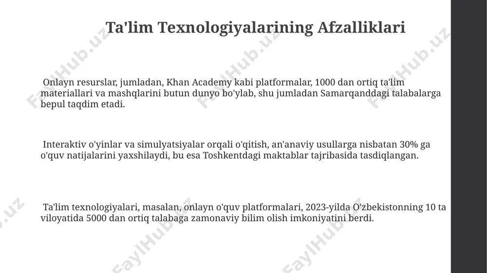 ndijon viloyatining 3 ta qishloq maktabida interaktiv doskalar o'rnatildi, buning natijasida o'quvchilarning faolligi 15% ga oshdi va darslar yanada qiziqarli bo'ldi. ta'lim texnologiyalarining turlari augmented reality (ar) texnologiyalari yordamida 3d modellashtirish orqali o'quv jarayonini boyitish, masalan, tarixiy joylarni samarqand shahrida 360 daraja virtual sayohat qilish imkoniyatini beradi. ta'limda 20 dan ortiq turdagi dasturiy ta'minotlar qo'llaniladi, jumladan, interfaol o'quv dasturlari, virtual maktablar va onlayn test tizimlari o'zbekistonning 12 ta viloyatida faol qo'llanilmoqda. o'zbekistonning qishloq hududlarida 5g tarmog'ining rivojlanishi tufayli, 1000 dan ortiq maktab onlayn ta'limga kirish imkoniyatiga ega bo'ldi, bu esa videokonferensiya va masofaviy ta'lim platformalaridan foydalanishni osonlashtiradi. e'tiboringiz uchun rahmat @taqdimot_robot