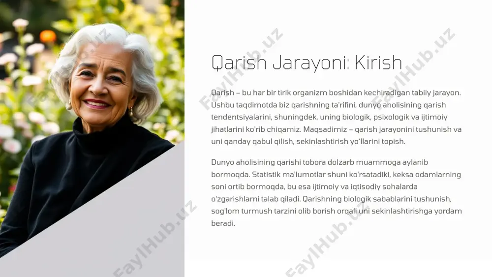 riya cheklash va intermittent ro'za hujayralarni himoya qiladi. to'g'ri ovqatlanish qarishga qarshi kurashishda muhim rol o'ynaydi. antioksidantlarga boy mahsulotlar, yallig'lanishga qarshi mahsulotlar va kaloriya cheklash orqali organizmni himoya qilish va sog'lom qarishga yordam berish mumkin. 8 jismoniy faollikning foydalari mushak massasini saqlash jismoniy faollik mushak massasini saqlashga yordam beradi. 1 yurak-qon tomir tizimini mustahkamlash jismoniy faollik yurak-qon tomir tizimini mustahkamlaydi. 2 suyak zichligini saqlash jismoniy faollik suyak zichligini saqlashga yordam beradi. 3 ruhiy salomatlikni yaxshilash jismoniy faollik ruhiy salomatlikni yaxshilaydi. 4 jismoniy faollik qarishga qarshi kurashishda ko'plab foydalarga ega. mushak massasini saqlash, yurak-qon tomir tizimini mustahkamlash, suyak zichligini saqlash va ruhiy salomatlikni yaxshilash orqali sog'lom qarishga yordam beradi. 9 qarishga qarshi maxsus strategiyalar 1 gen terapiyasi 2 gormonlarni almashtirish terapiyasi 3 anti-aging qo'shimchalar qarishga qarshi maxsus strategiyalarga anti-aging qo'shimchalar (resveratrol, kurkumin, koenzim q10), gormonlarni almashtirish terapiyasi (gormonlar yetishmovchiligida) va gen terapiyasi kabi yangi yondashuvlar kiradi. ushbu strategiyalar qarish jarayonini sekinlashtirishga …