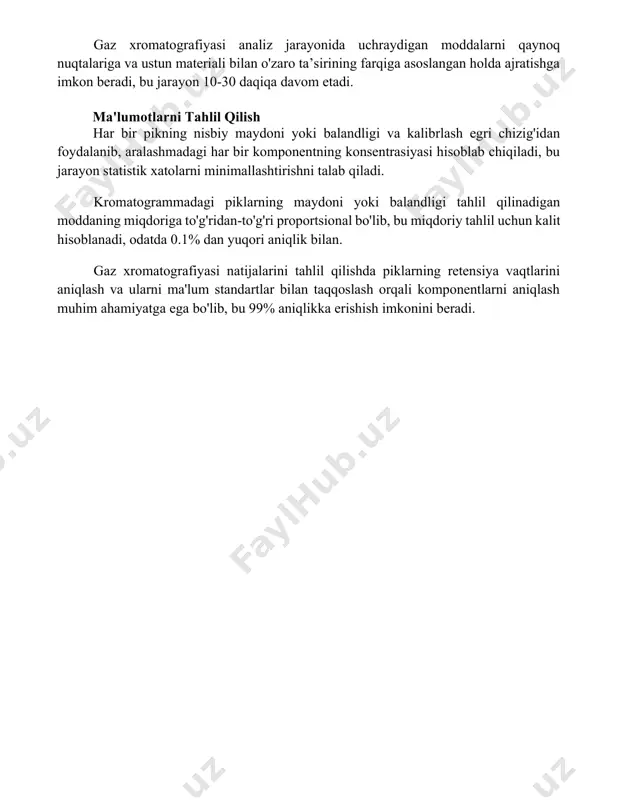 zig'idan foydalanib, aralashmadagi har bir komponentning konsentrasiyasi hisoblab chiqiladi, bu jarayon statistik xatolarni minimallashtirishni talab qiladi. kromatogrammadagi piklarning maydoni yoki balandligi tahlil qilinadigan moddaning miqdoriga to'g'ridan-to'g'ri proportsional bo'lib, bu miqdoriy tahlil uchun kalit hisoblanadi, odatda 0.1% dan yuqori aniqlik bilan. gaz xromatografiyasi natijalarini tahlil qilishda piklarning retensiya vaqtlarini aniqlash va ularni ma'lum standartlar bilan taqqoslash orqali komponentlarni aniqlash muhim ahamiyatga ega bo'lib, bu 99% aniqlikka erishish imkonini beradi. 📌xulosa газ хроматографиясининг моҳияти турли компонентларни ажратиш ва аниқлашда юқори сезувчанлик ва аниқликни таъминлайди. унинг турлари таҳлил қилинаётган модданинг хусусиятларига қараб танланади. 📚foydalanilgan adabiyotlar 1. groenendijk, b. a. (2018). gaz xromatografiyasi: asosiy tamoyillar va qo'llanilishi. amsterdam universiteti nashriyoti. 2. skoog, d. a., west, d. m., holler, f. j., crouch, s. r. (2014). analitik kimyo. brooks/cole nashriyoti. 3. harris, d. c. (2015)