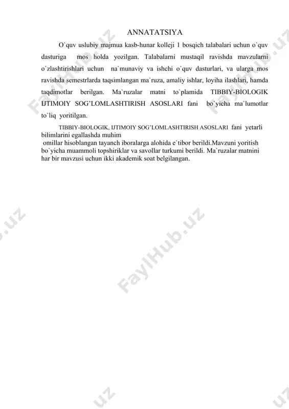 uyganda, sovuq urganda va boshqa baxtsiz hodisalar sodir bo’lganda, kuchli tasir etuvchi zaharli moddalar bilan shikastlanganlarga birinchi tibbiy yordam ko’rsata olishni; - yuqumli kasalliklar profilaktikasi bo’yicha o’tkaziladigan tadbirlar bajarish. namunaviy mavzular rejasi № fanning bo’limlari va mavzular nomi umumiy yuklama, soat hammasi darslar turi bo'yicha soatlar taqsimoti mustaqil ish jаmi nazariy (mа’ruza) amaliy laboratoriya seminar kurs ishi (loyixasi) 1 2 3 4 5 6 7 8 9 10 1 tibbiy biologik va ijtimoiy sog’lomlashtirish asoslari faniga kirishish 2 2 2 2 bolalar fiziologiyasi va gigienasi 6 4 2 2 2 3 bola salomatligi va solamatlikka ta’sir etuvchi omillar 4 2 2 2 4 ilk yoshdagi bolalarni jismoniy rivojlantirish ko’rsatkichlari 6 4 2 2 2 5 profilaktik emlash kalendari va uning ahamiyati 6 4 2 2 2 6 yuqumli kasallik turlari xususiyatlari va ularga birinchi yordam ko’rsatish 6 4 2 2 2 7 baxtsiz xodisalar sodir bolganda birinchi tibbiy yordam berish …