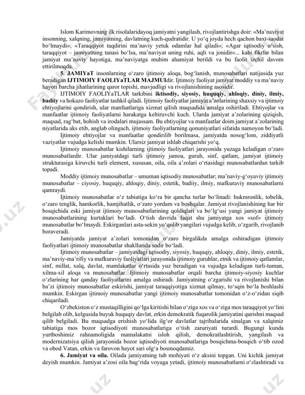 qlab qolgan holda, boshqa xalqlar tajribalaridan ijodiy foydalanish orqali ijtimoiy taraqqiyotning o‘ziga xos modelini yaratadi. kishilarda fikrlash tarzining vujudga kelishi ham bevosita tabiiy-iqlim sharoitidan kelib chiqadi. ana shu tafakkur jarayonidagi o‘ziga xoslik vujudga keladigan ijtimoiy-siyosiy munosabatlarning asosiga qo‘yiladi. xorazmda bundan 3000 yil ilgari vujudga kelgan o‘rta osiyodagi ilk sivilizatsiyaning o‘ziga xosligini ta’minlovchi asosiy omil sun’iy sug‘orish inshoatlarini qurish zaruratidir. bu yerda ezuvchi quldorlar va eziluvchi qullar sinfi, quldorlik tipidagi davlat bo‘lmagan. 1937 yilda sssr fa muhbir a’zosi s.p. tolstov tomonidan asos solingan xorazm arxeologiya-etnografiya ekspeditsiyasining konsepsiyasida ham “o‘rta osiyo xalqlari mustaqil sivilizatsiya yaratishga qodir bo‘lmagan, boshqa xalqlar yordamidagina madaniy qatlam yarata oladigan xalq” degan hukmron mafkura talabidan kelib chiqilgan. ular hatto yunon tarixchilariga arioshayona nomi bilan ma’lum bo‘lgan mamlakat to‘g‘risida bor haqiqatni aytishga jur’at qila olmaganlar. akademik i.karimov bu haqida: “g‘arb adiblari avestoni eslashganini bilmayman... xalqimiz, mamlakatimiz haqida aytilayotgan mulohazalarning aksariyat qismi sohta, g‘ayri ilmiydir”, degan edilar. jamiyat hayotiga barqarorlik …