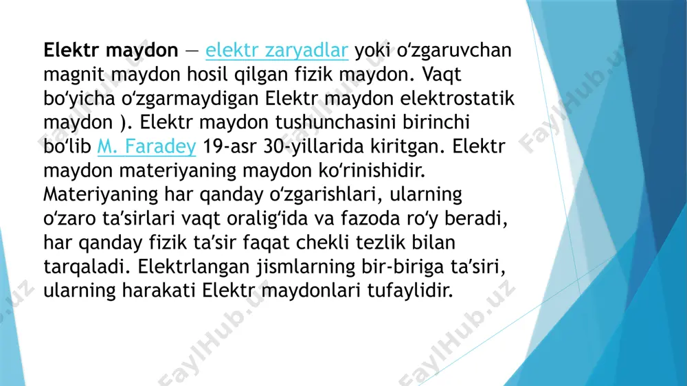 nidagi o'tkazgichlarda zaryadlarning paydo bo'lishi fenomeniga aytiladi elektrostatik induktsiya. elektrostatik induktsiya nemis bo'lmagan fizik j.k tomonidan kashf etilgan. uilke 1757 yilda oldingi tajribani takrorlaymiz, ammo shundan keyin biz silindrlarni ajratamiz va plitalarni bo'shatamiz. elektrometrlar har bir silindrda zaryadlarning mavjudligini ko'rsatadi. tsilindrlarning zaryadlarini mech tomonidan o'ralgan zanglagan tayoq yordamida o'rganish silindrlarning turli xil zaryadlanganligini ko'rsatadi. fenomen elektrostatik induktsiya elektron vakillik asosida tushuntirish mumkin.metall o'tkazgich kristalli tuzilishga ega. kristall panjarasining tugunlarida musbat metall ionlari va ular orasida elektron gaz bo'ladi. bu amalda atomlar bilan bog'lanmagan va doimiy termal harakatda bo'lgan juda ko'p miqdordagi elektronlarning yig'indisidir. e’tiboringiz uchun rahmat! image1.gif image2.png image3.jpg image4.jpg image5.jpg image6.jpg image7.jpg image8.jpg image9.jpg image10.png image11.png